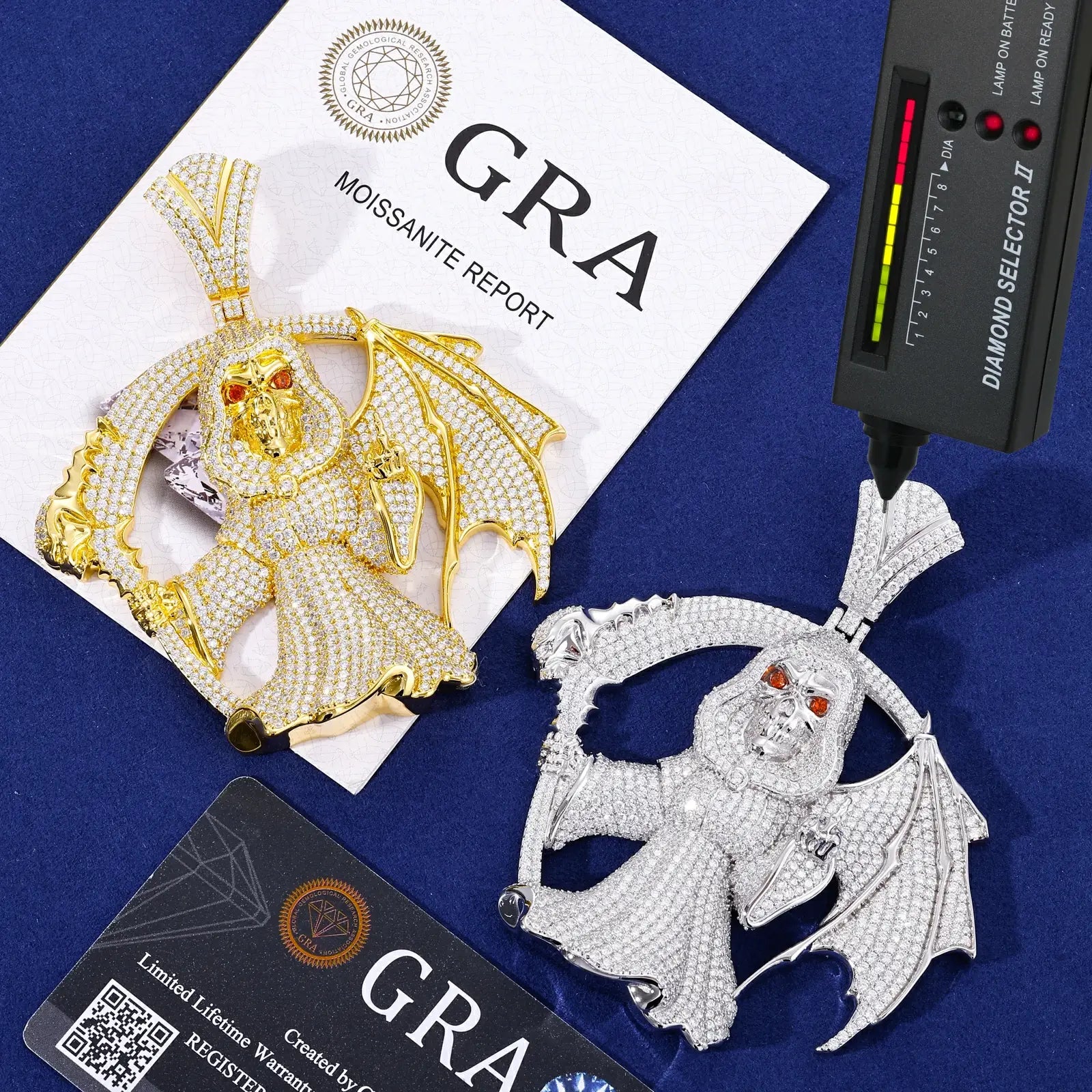 S925 Moissanite Winged Grim Reaper Pendant | One-finger Salute