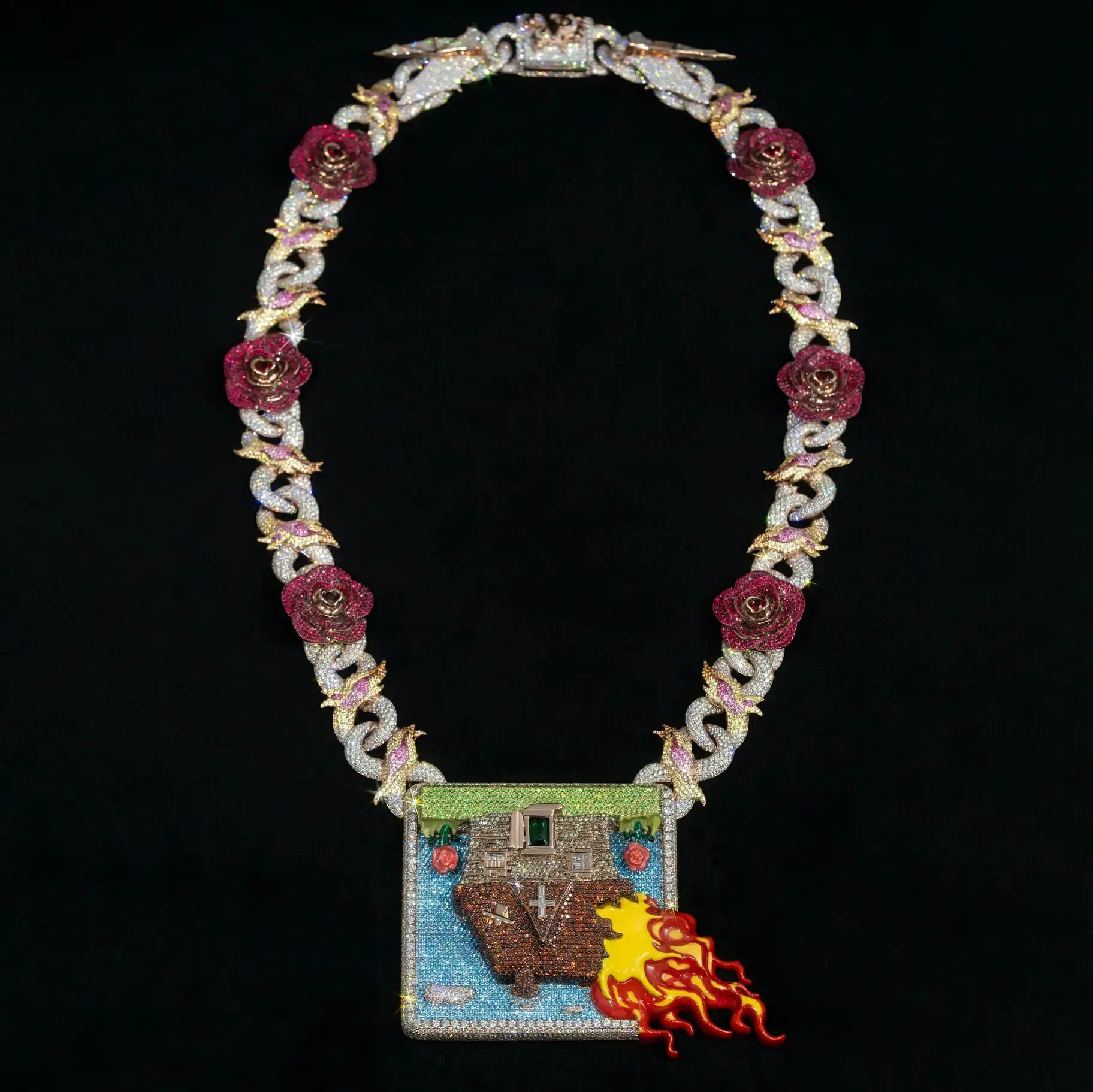 Inverted Burning House Tag Pendant With Roses Bats Infinity Cuban Chain