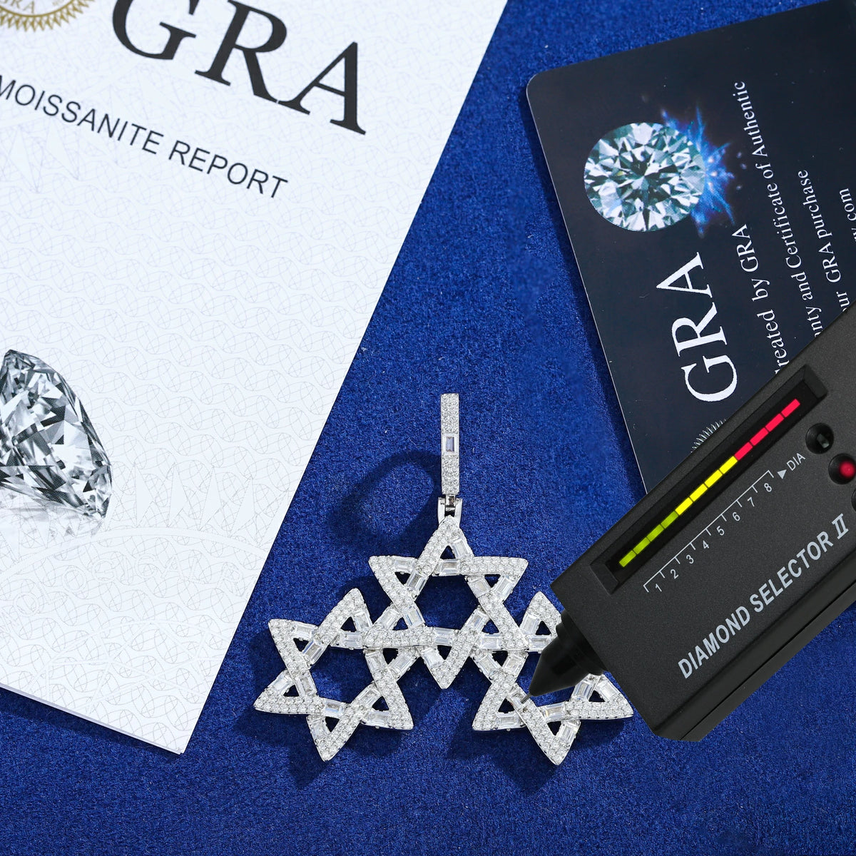 S925 Moissanite Triple Star of David Pendant