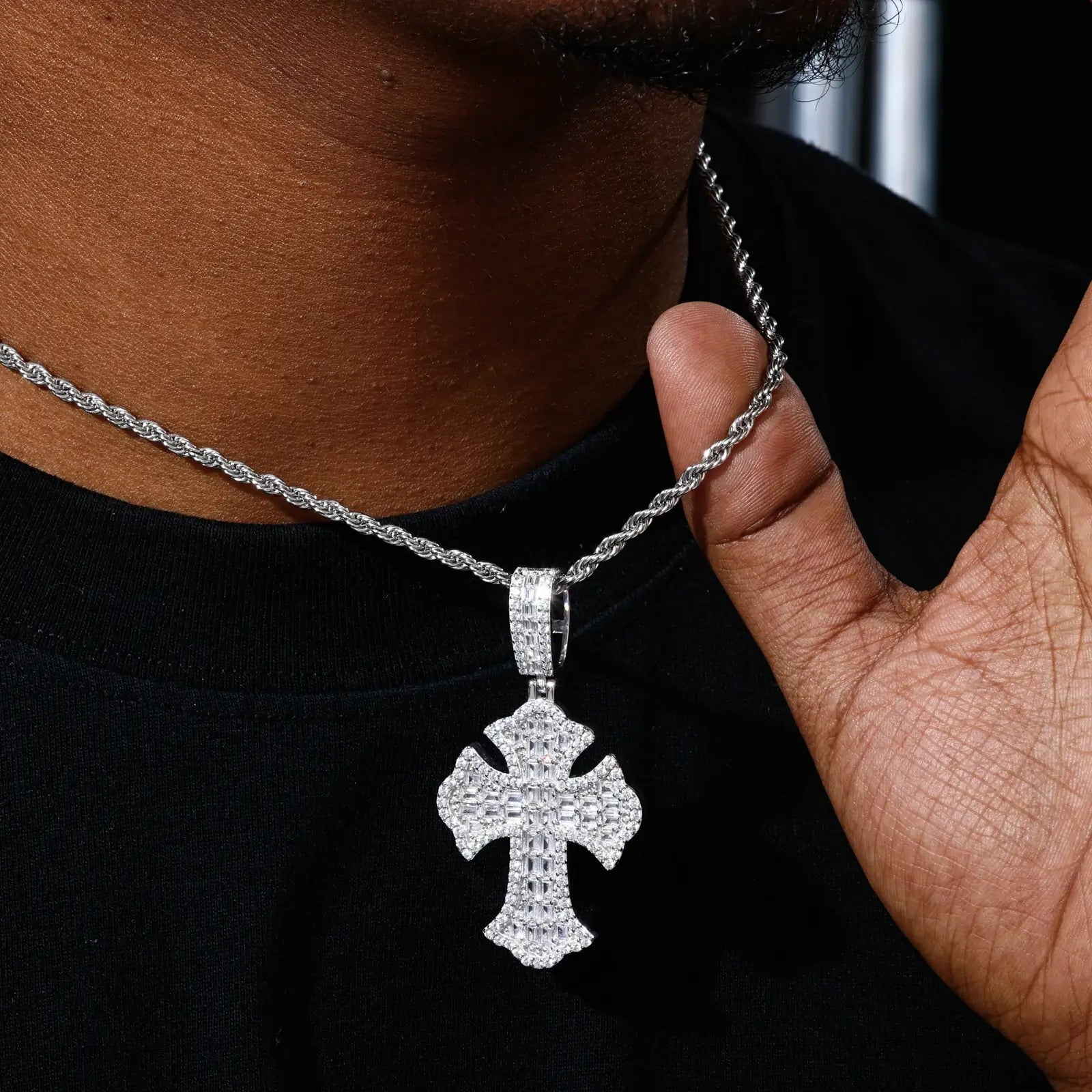 S925 Baguette Moissanite Iris Cross Pendant