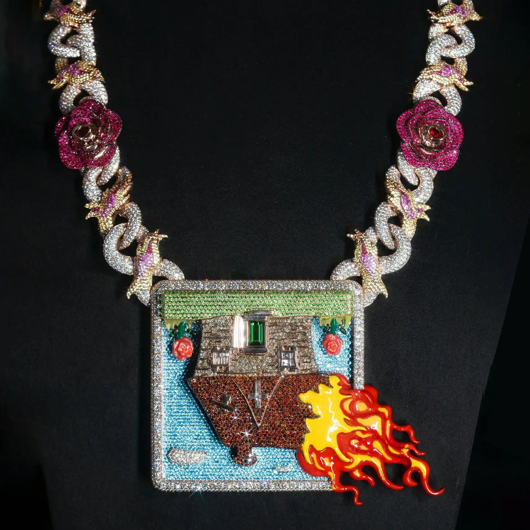 Inverted Burning House Tag Pendant With Roses Bats Infinity Cuban Chain