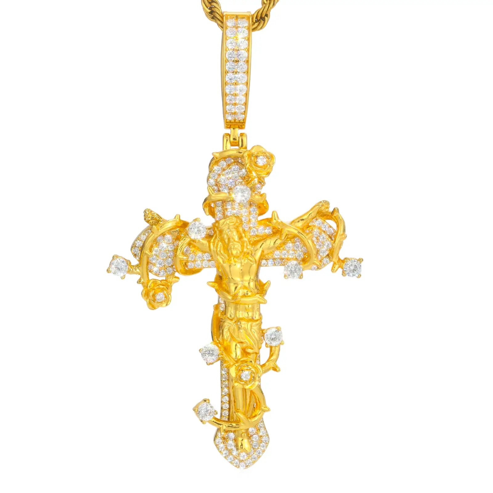 S925 Moissanite Thorny Rose Crucifix Pendant