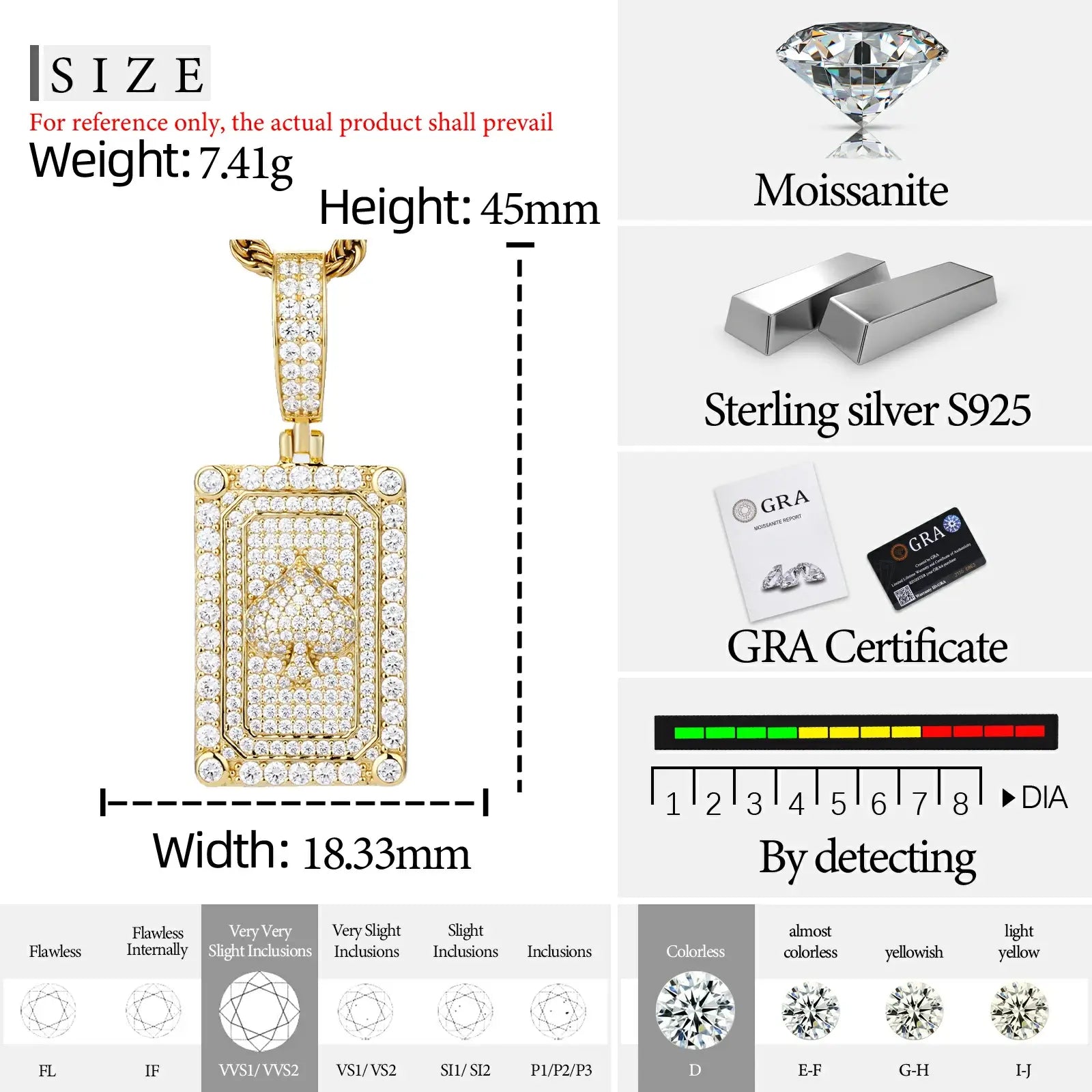 S925 Moisanite Spade Dog Tag Pendant