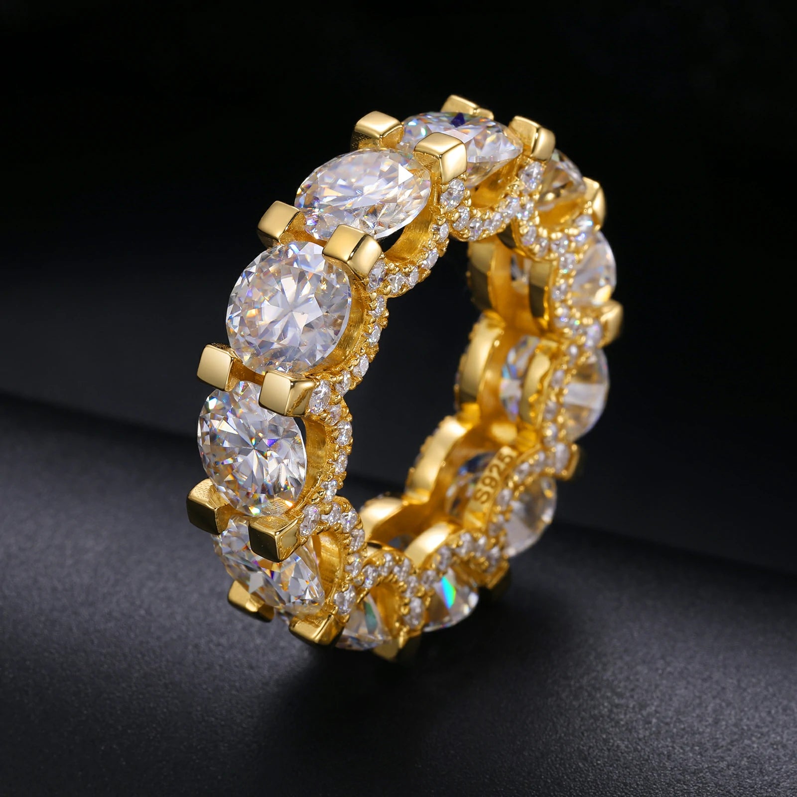 Main product image of 6.5mm yellow gold moissanite eternity ring, featuring full-circle sparkle and S925 silver hallmark for authenticity.