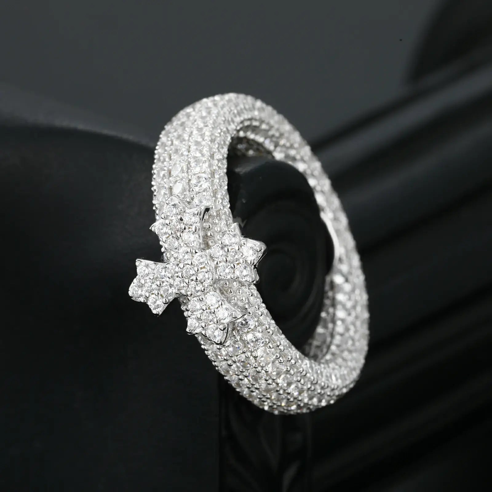 S925 Micro Pave Moissanite Band Ring With Chrome Heart