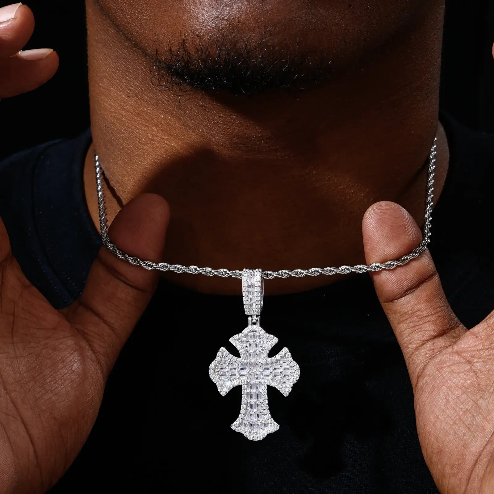 S925 Baguette Moissanite Iris Cross Pendant
