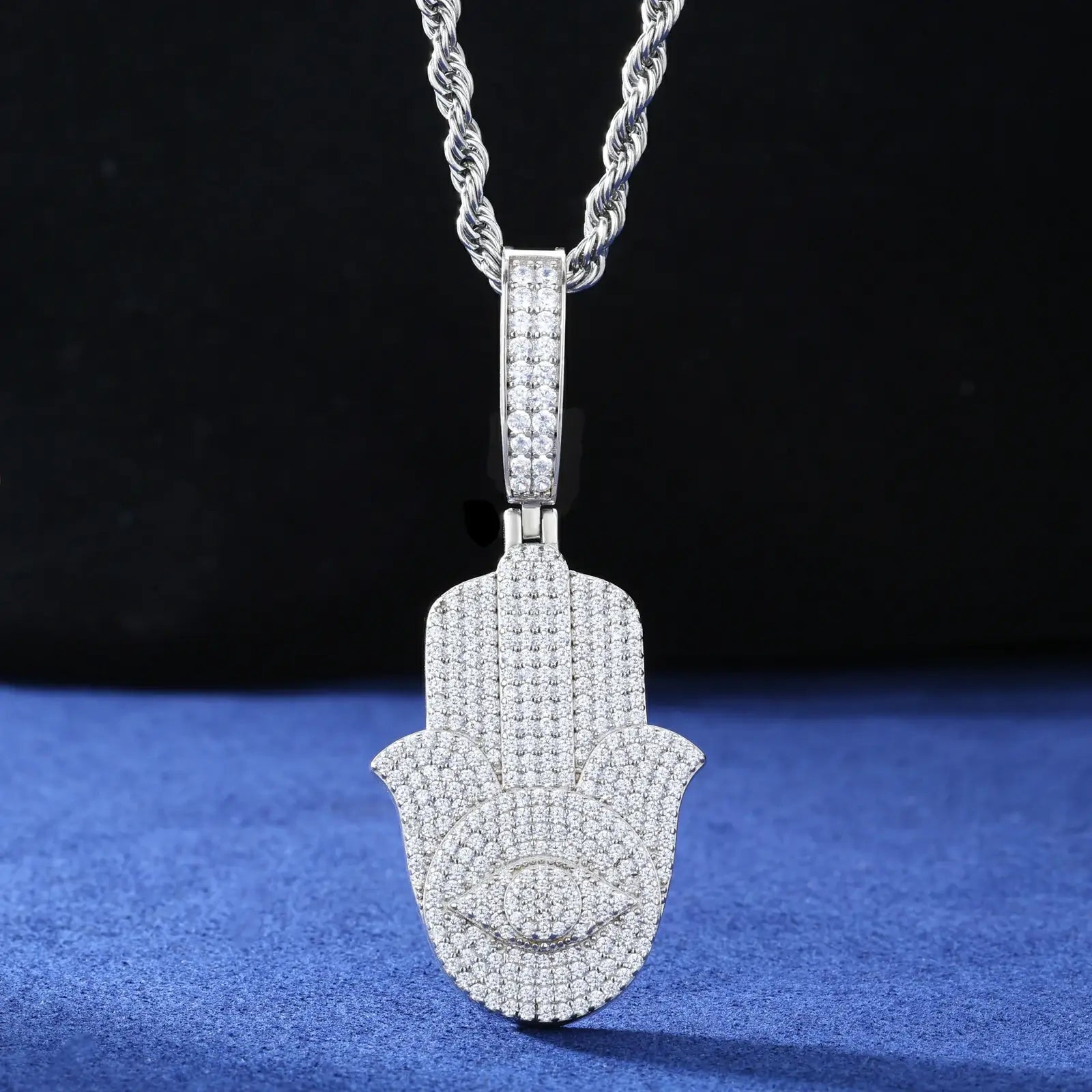 S925 Moissanite Hamsa Hand Pendant with Evil Eye