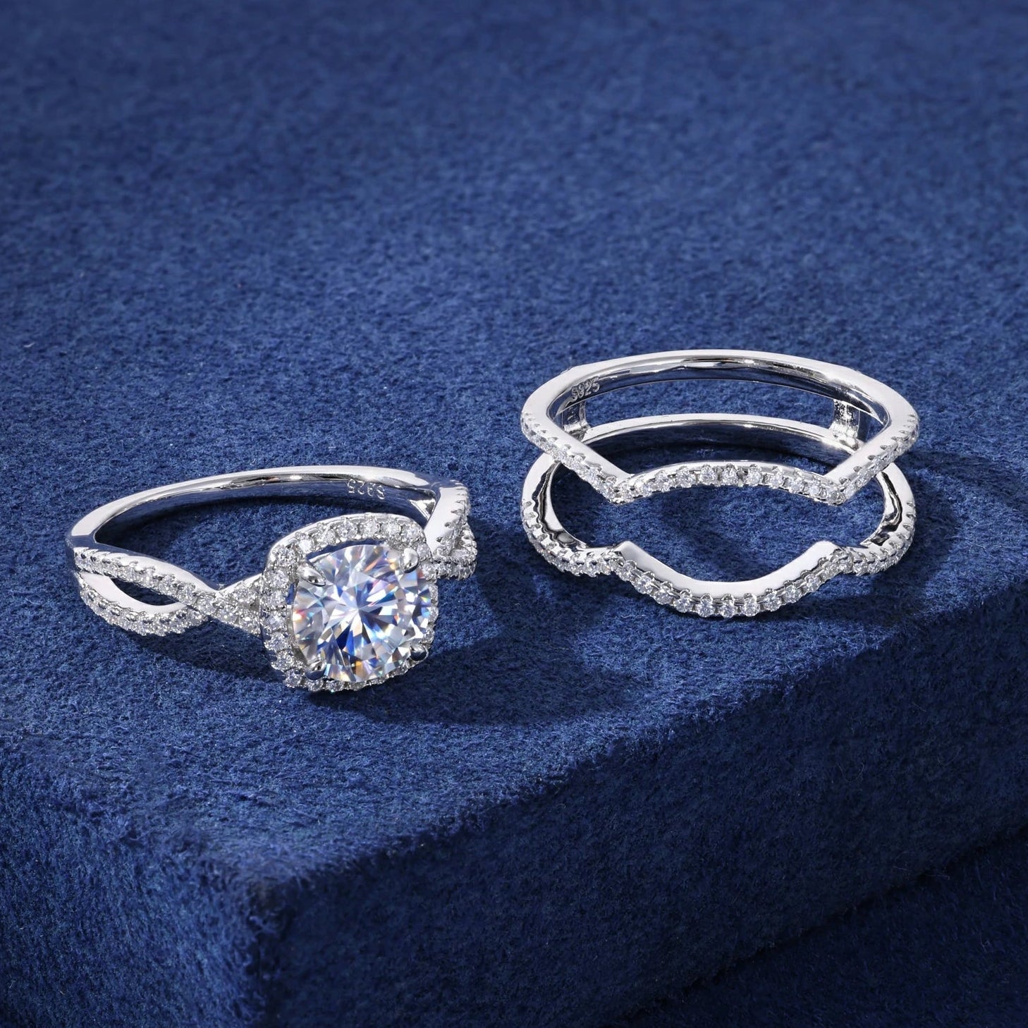 S925 Moissanite 1.2CT Halo Wedding Ring Set