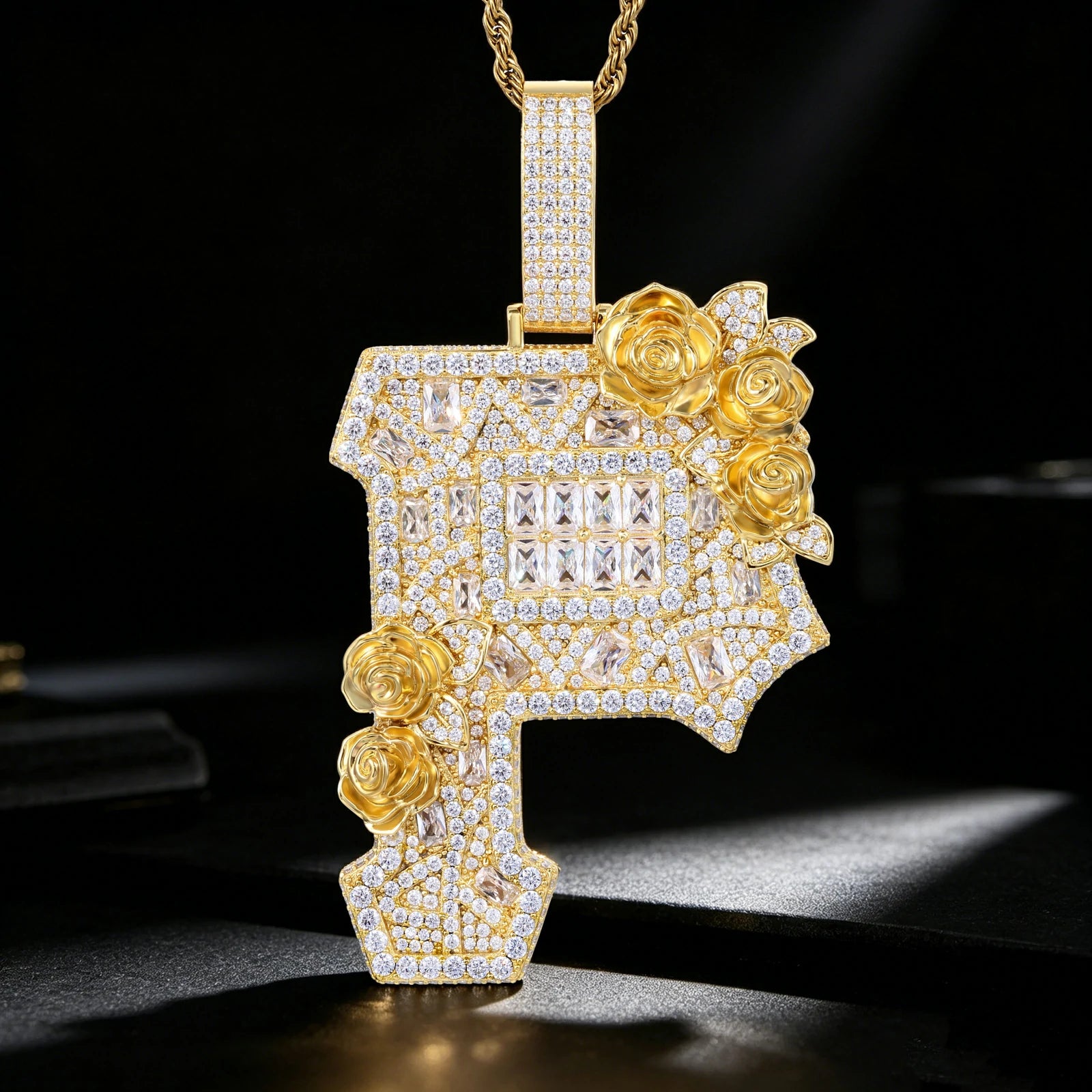 Baguette Moissanite Rose Letter P Pendant