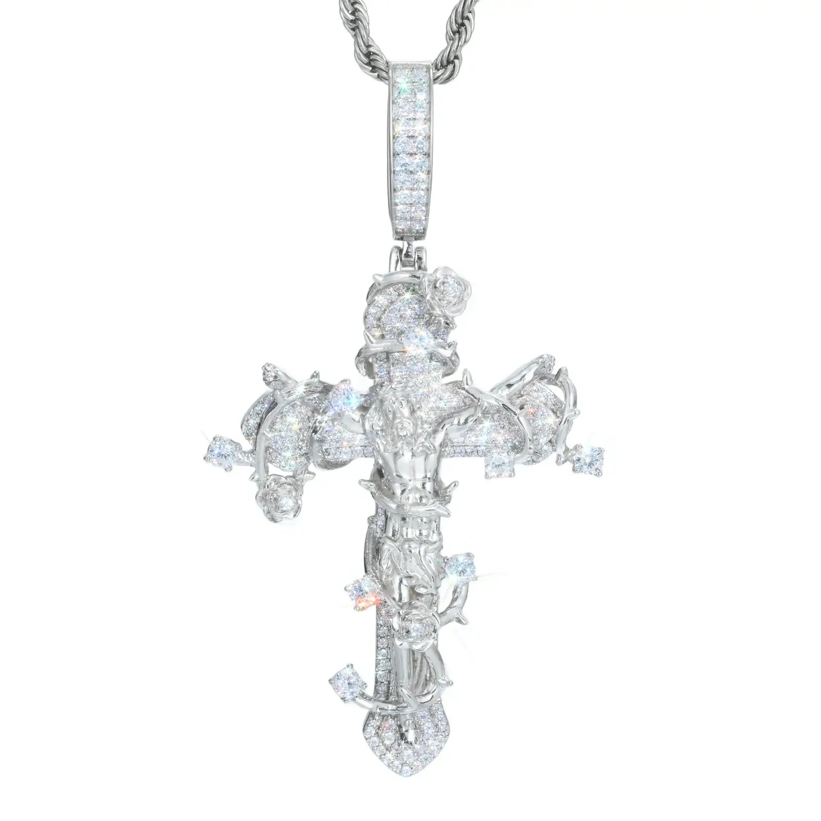 S925 Moissanite Thorny Rose Crucifix Pendant