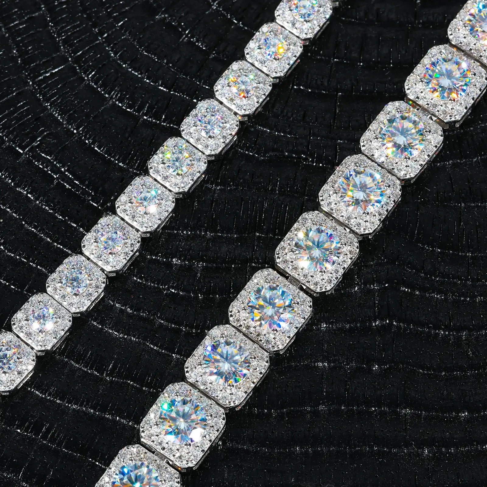 6mm 8mm 925 sterling silver moissanite clustered halo tennis bracelet size comparison — 6mm & 8mm options, clustered halo design, moissanite sparkle, 925 silver durability