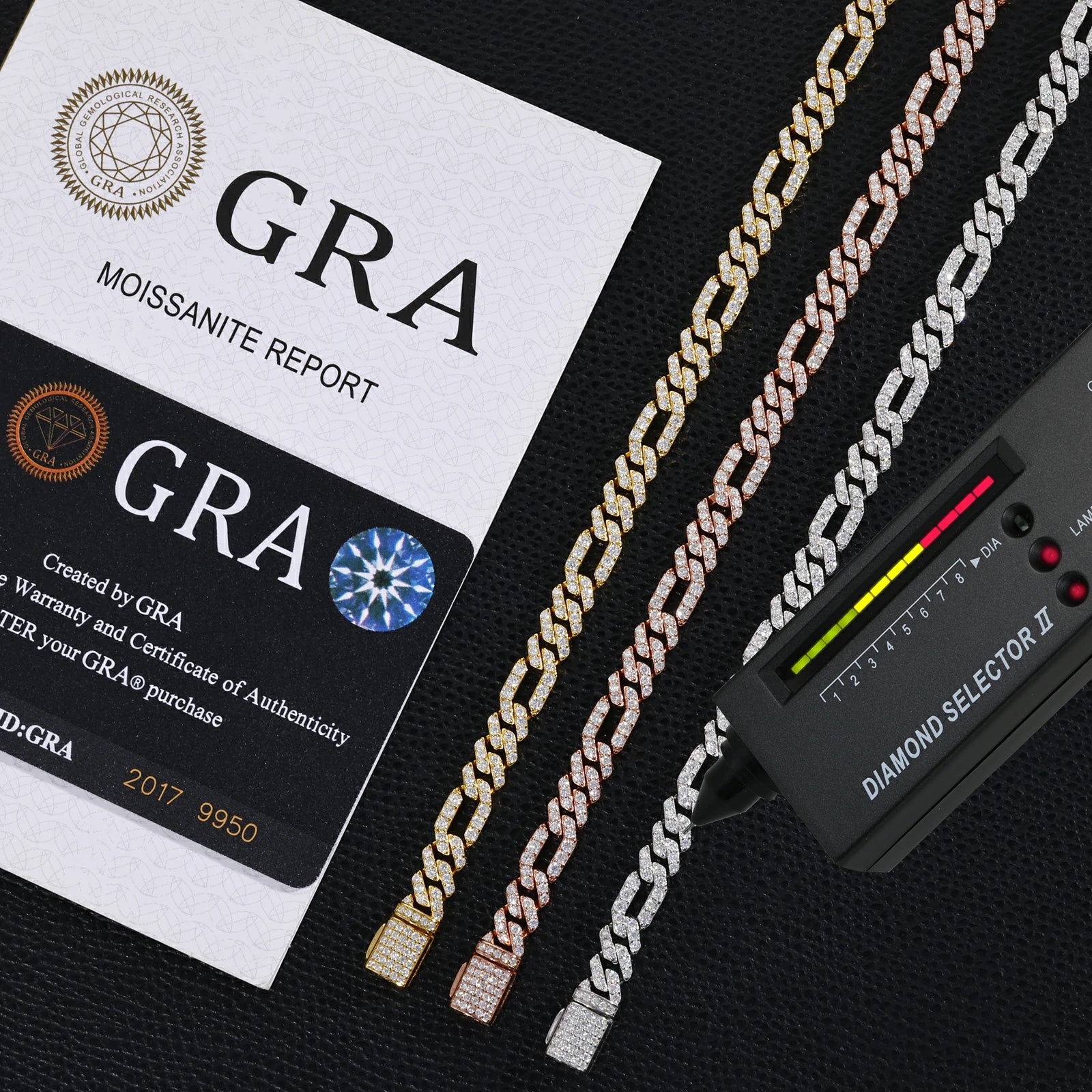 6mm moissanite figaro cuban link bracelet, pass diamond tester come with gra certificate