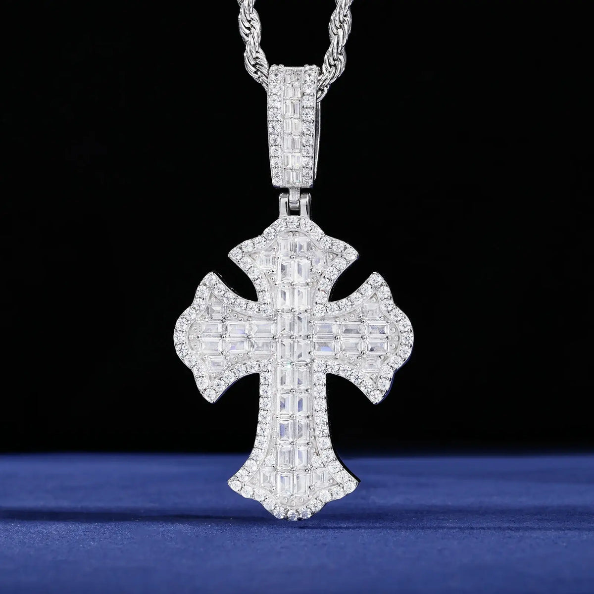 S925 Baguette Moissanite Iris Cross Pendant