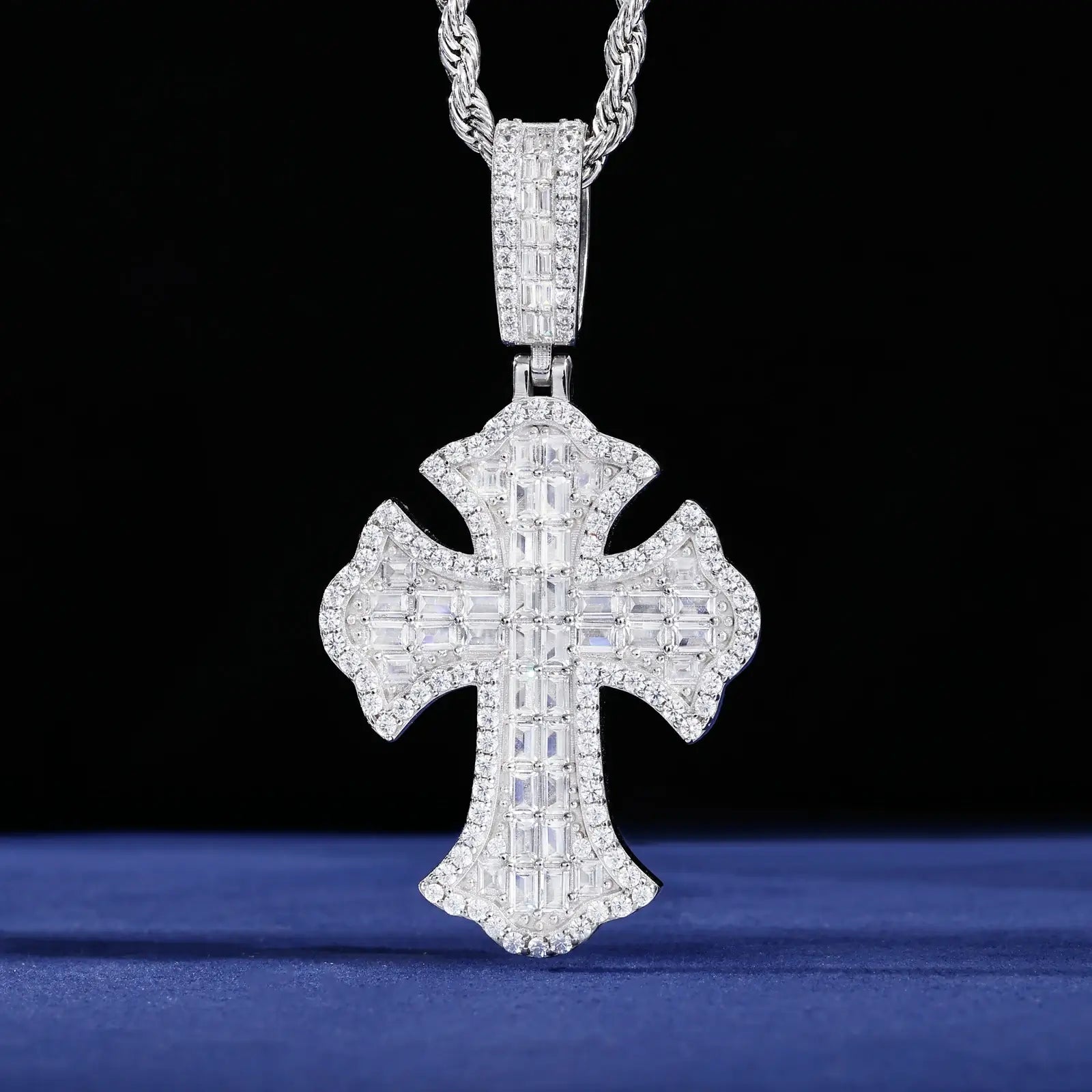 S925 Baguette Moissanite Iris Cross Pendant