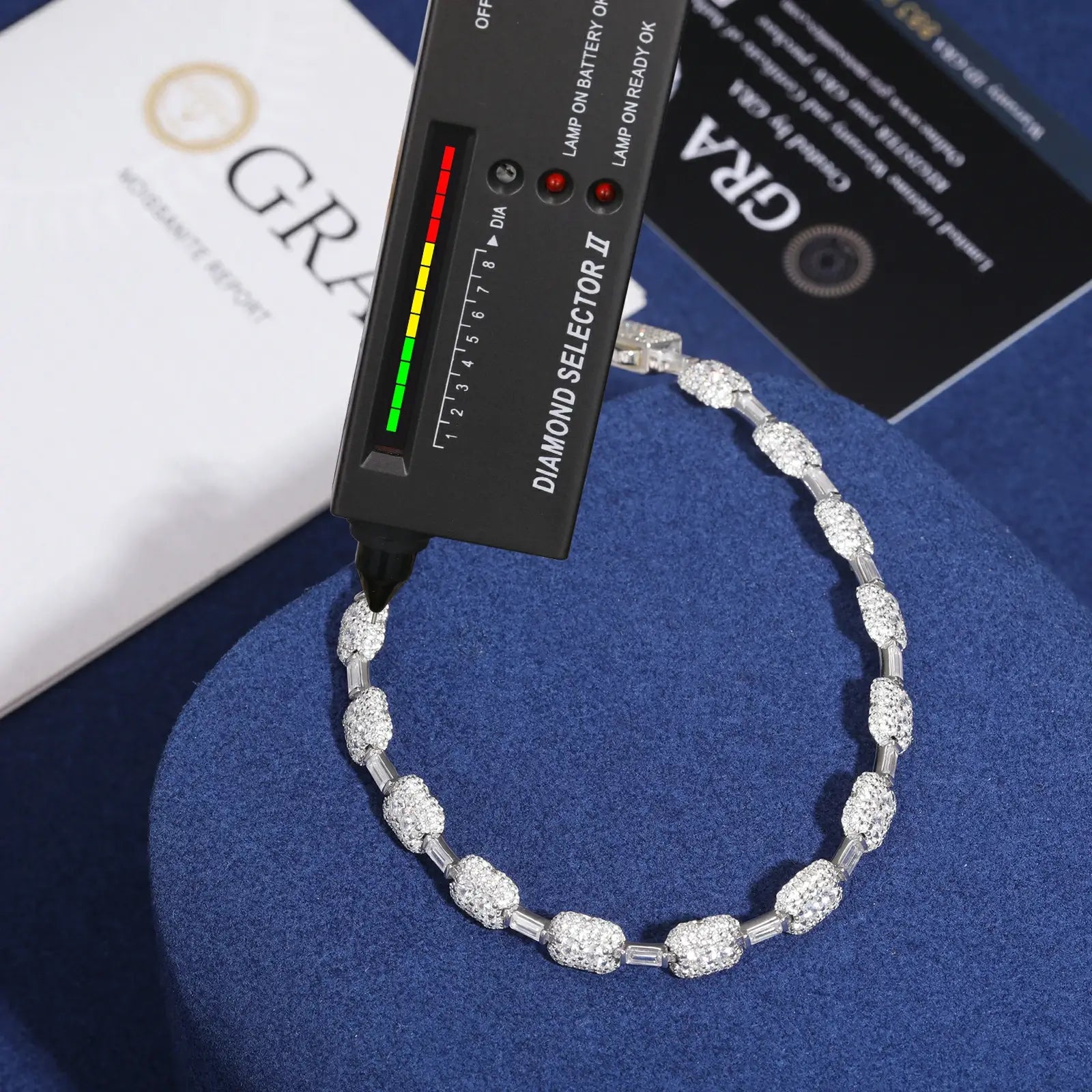 7mm S925 Moissanite Chewing Gum tennis bracelet passing diamond tester with GRA certificate, authenticating its diamond-quality brilliance and genuine moissanite stones.