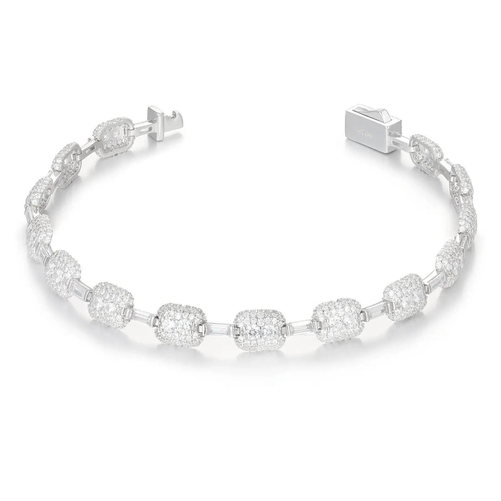 Professional studio shot of the 7mm S925 Moissanite Chewing Gum tennis bracelet in white gold on white background, displaying every detail of its stunning design.