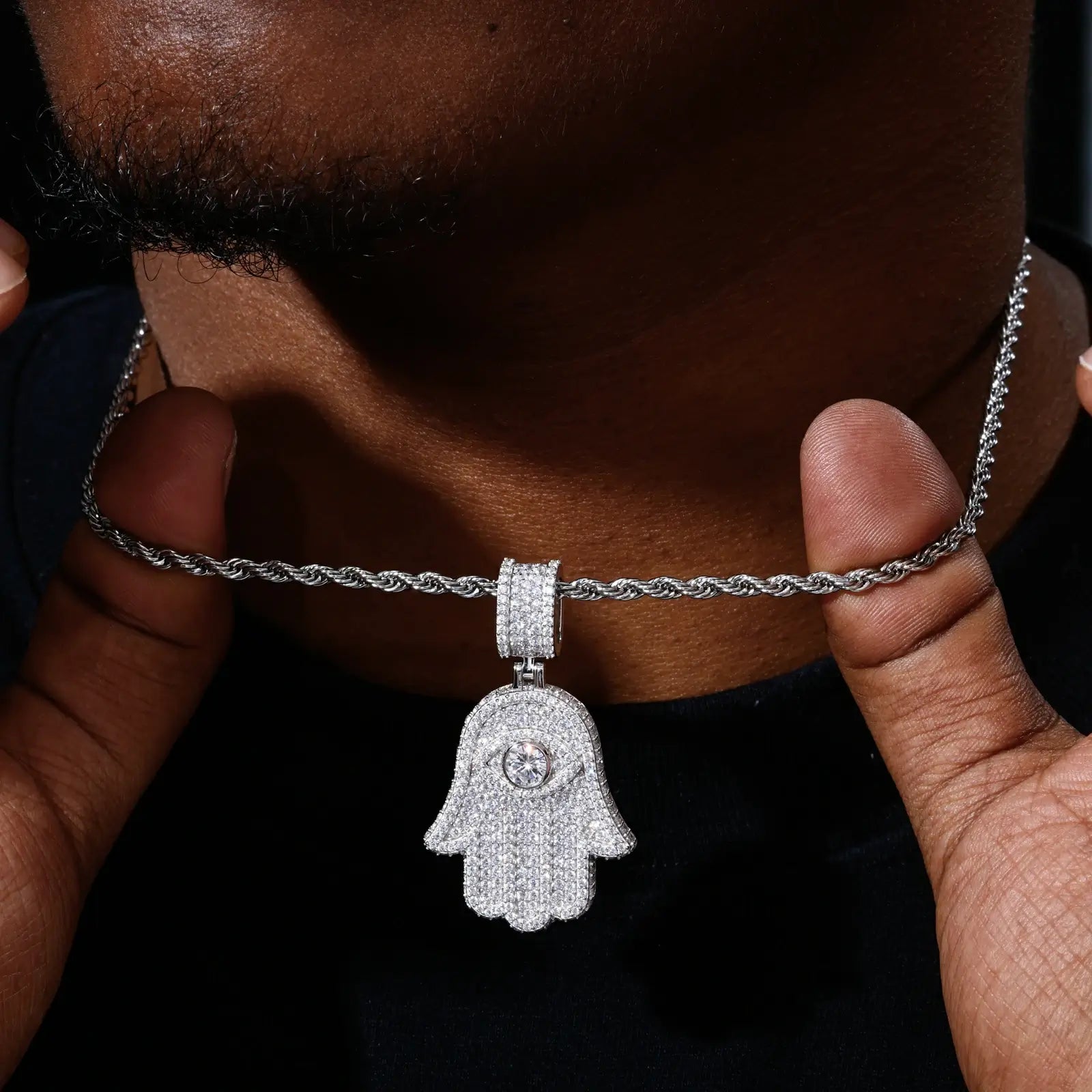 S925 Moissanite Evil Eye Hamsa Hand Pendant