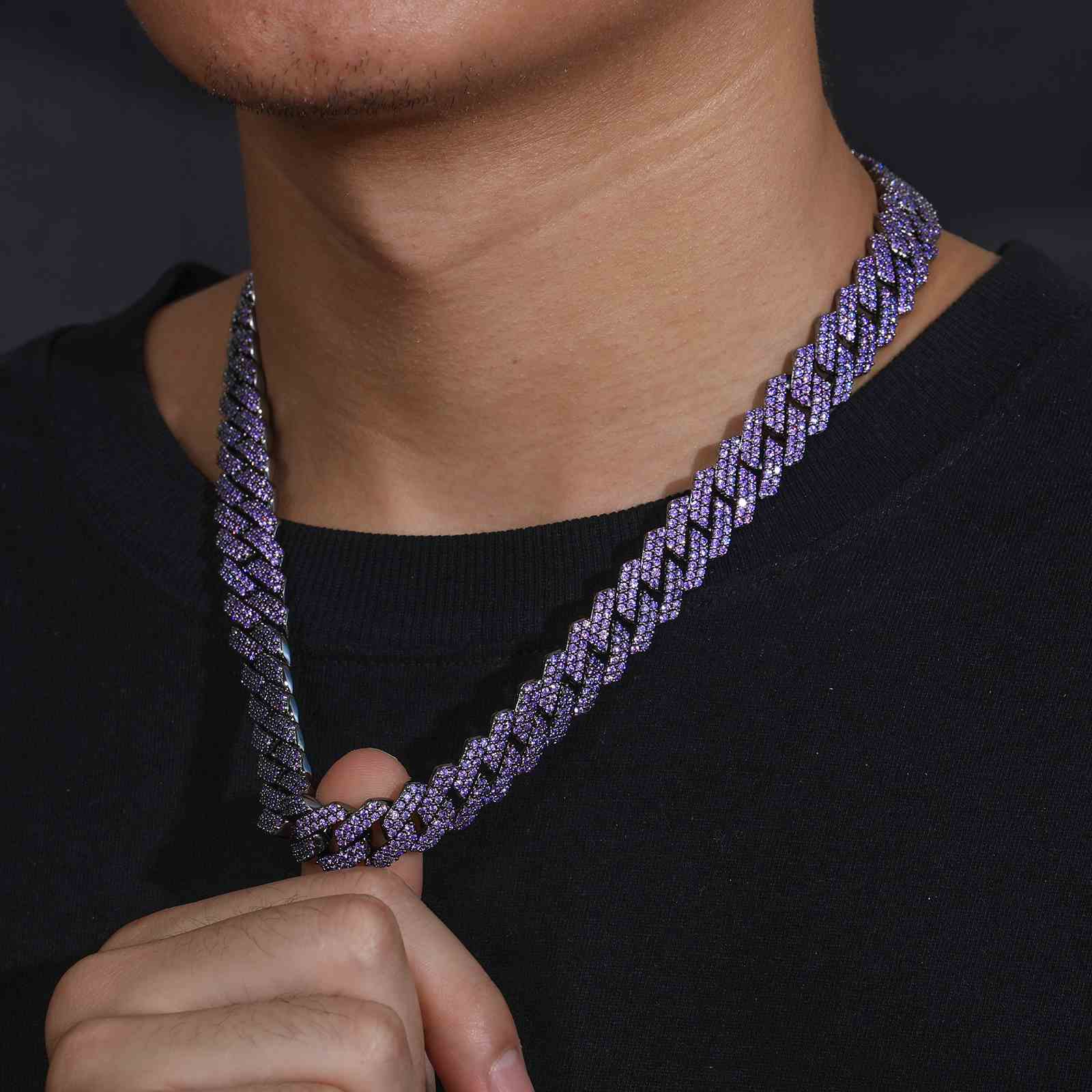 14mm 2 Rows Purple Diamond Cuban Link Chain
