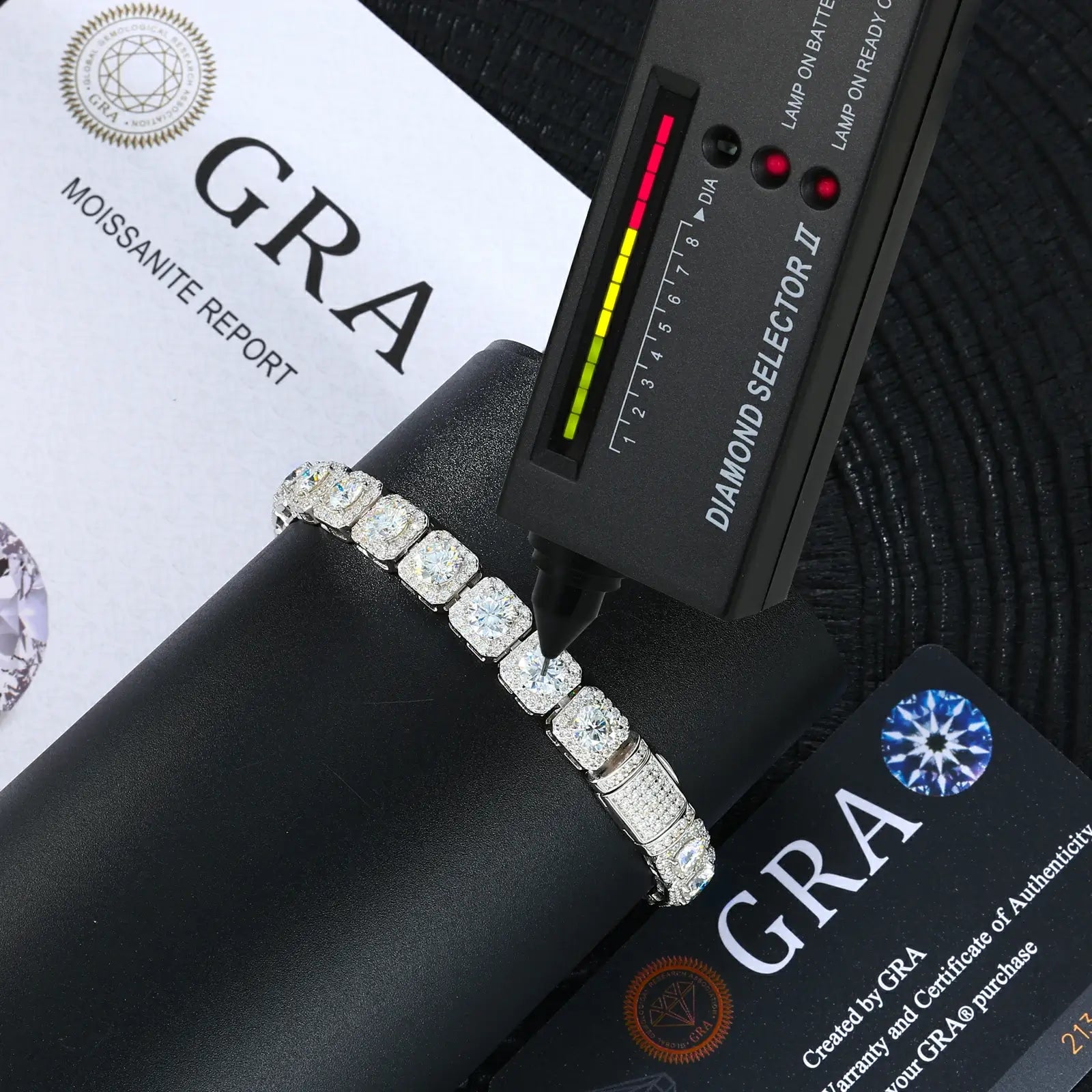 8mm 925 sterling silver moissanite clustered halo tennis bracelet with GRA certificate & diamond tester — certified moissanite, 925 silver authenticity, clustered halo design, luxury tennis bracelet