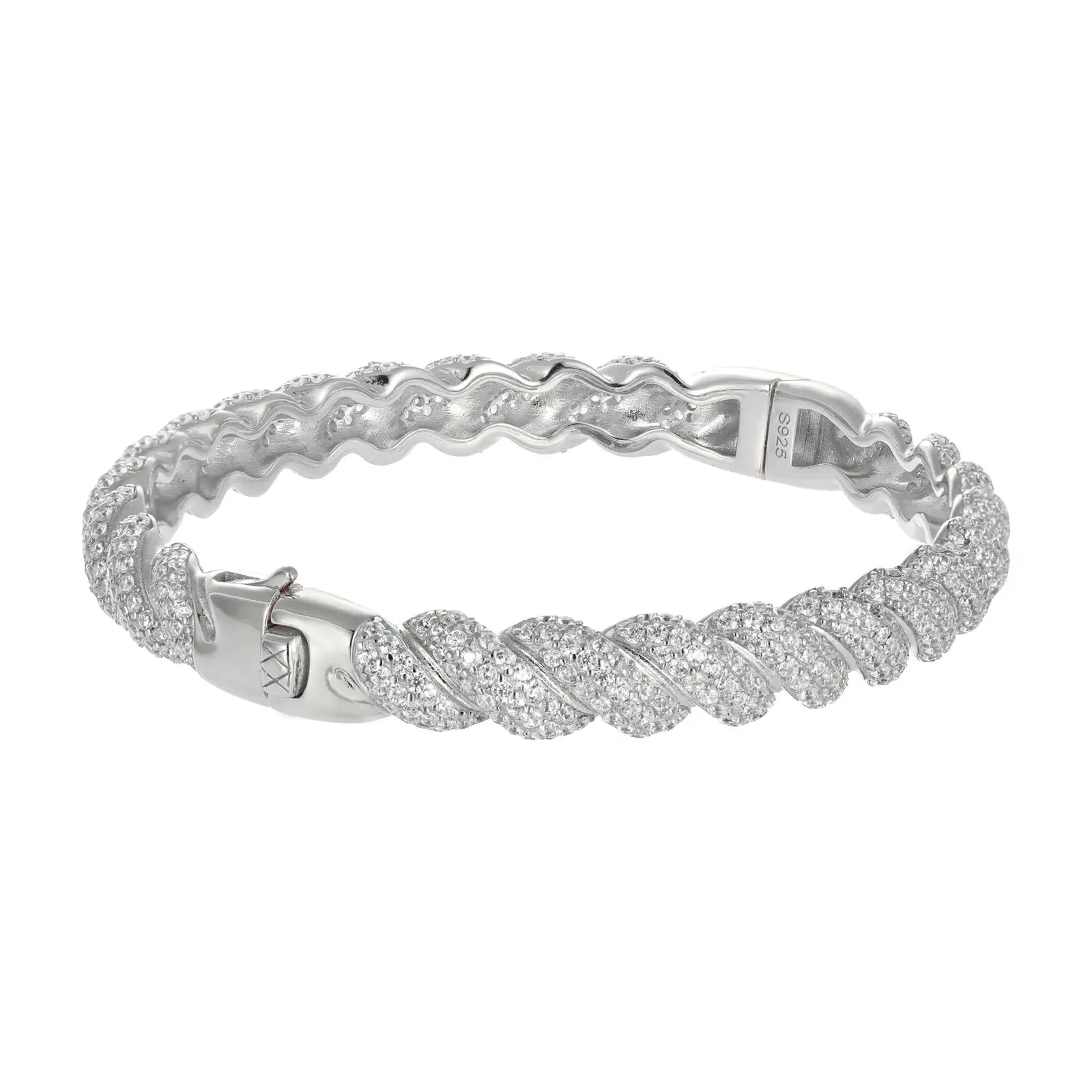8mm white gold 925 silver moissanite twisted bangle on clean white background — minimalist display, diamond-like sparkle