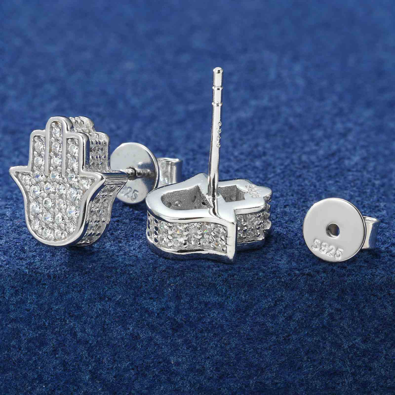 925 Silver Moissanite 3D Hamsa Hand Stud Earrings - Ucciyo Jewelry