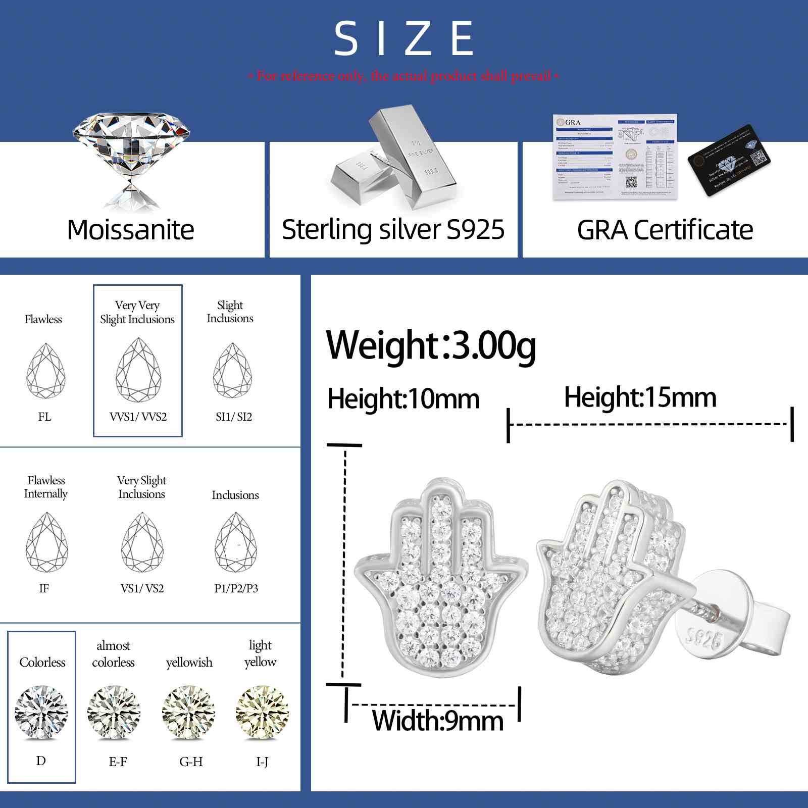 925 Silver Moissanite 3D Hamsa Hand Stud Earrings - Ucciyo Jewelry