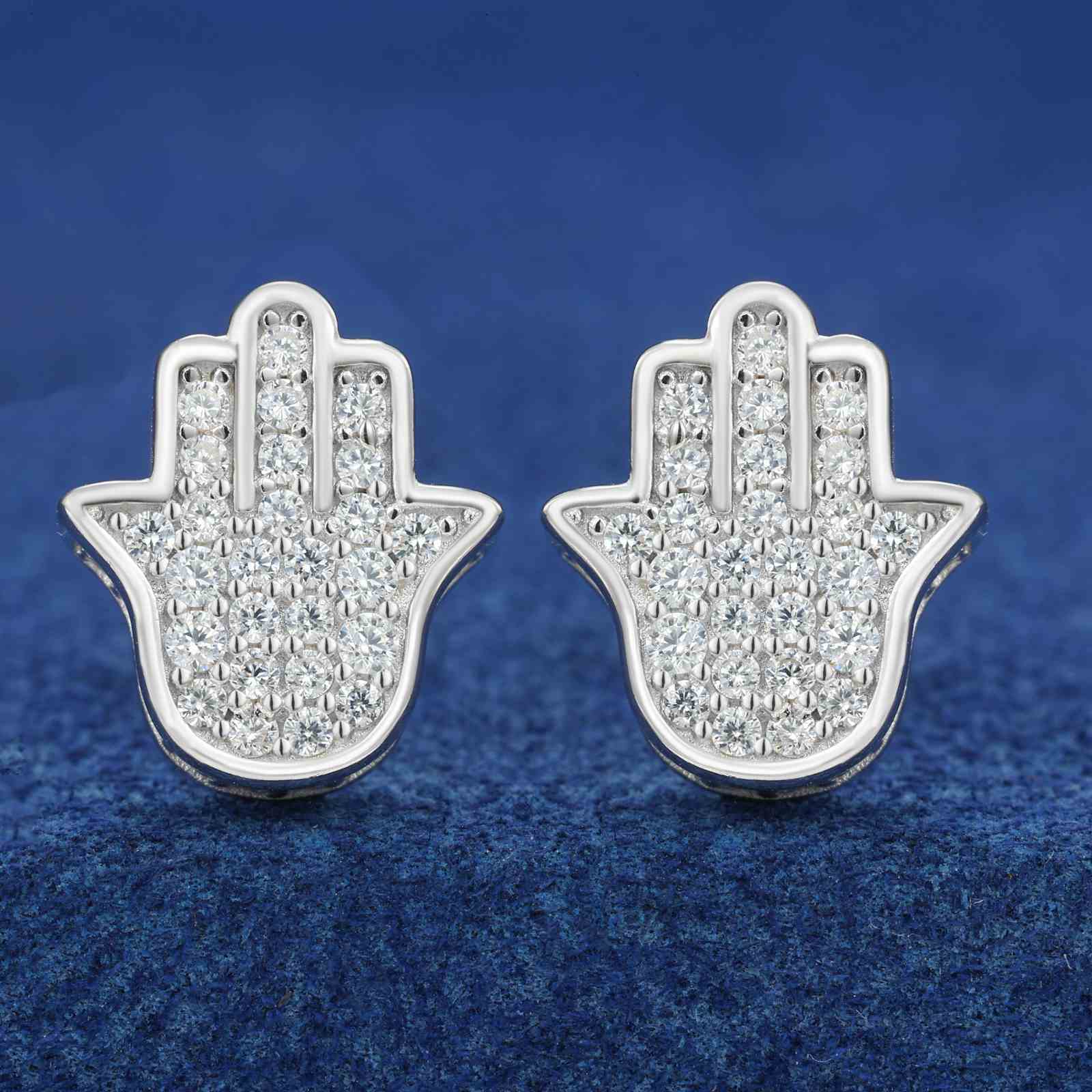 925 Silver Moissanite 3D Hamsa Hand Stud Earrings - Ucciyo Jewelry