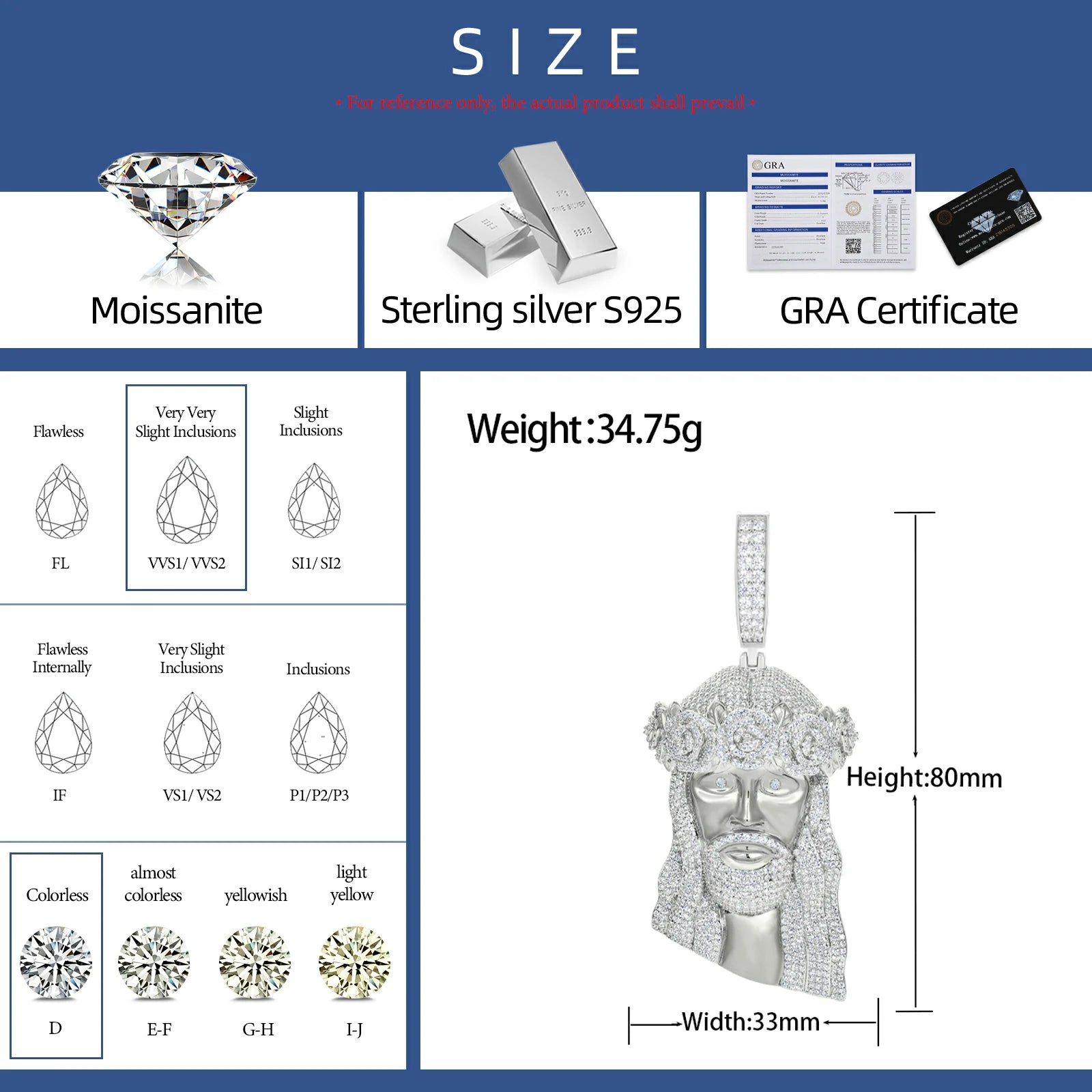 S925 Moissanite Rose Wreath Jesus Head Pendant