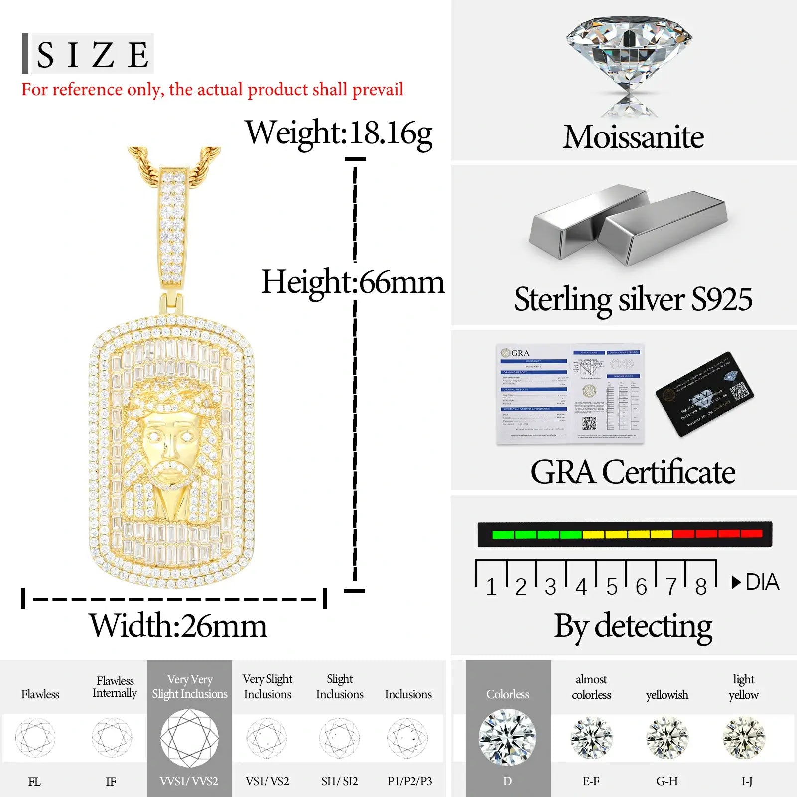 Size chart for white gold 925 sterling silver baguette moissanite Jesus dog tag pendant — dimensions, weight, moissanite grade specifications