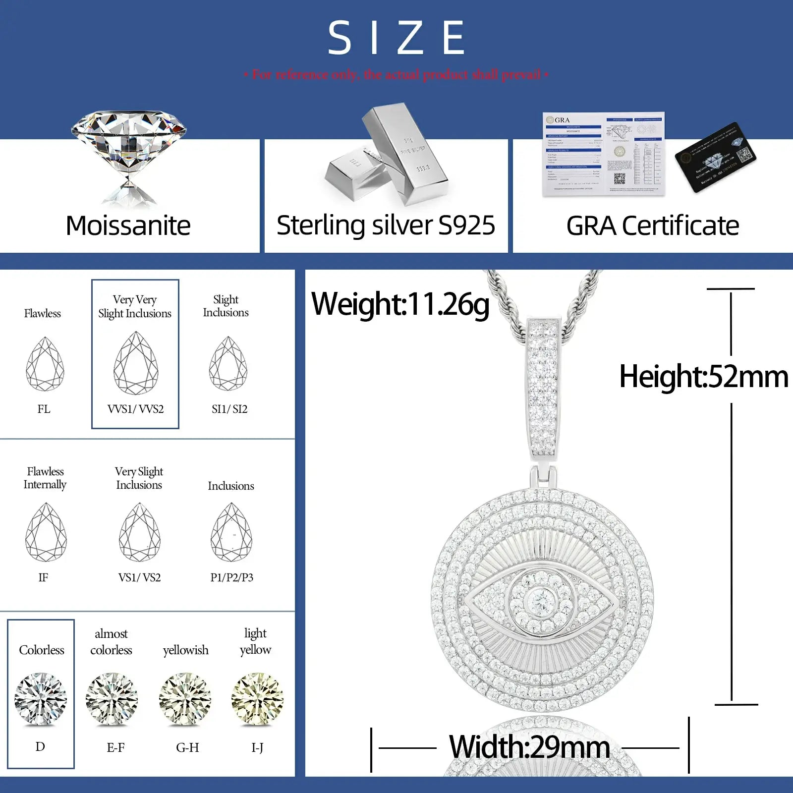Size chart for 925 sterling silver moissanite evil eye sun dog tag pendant (white gold) with labeled dimensions, weight & moissanite grade