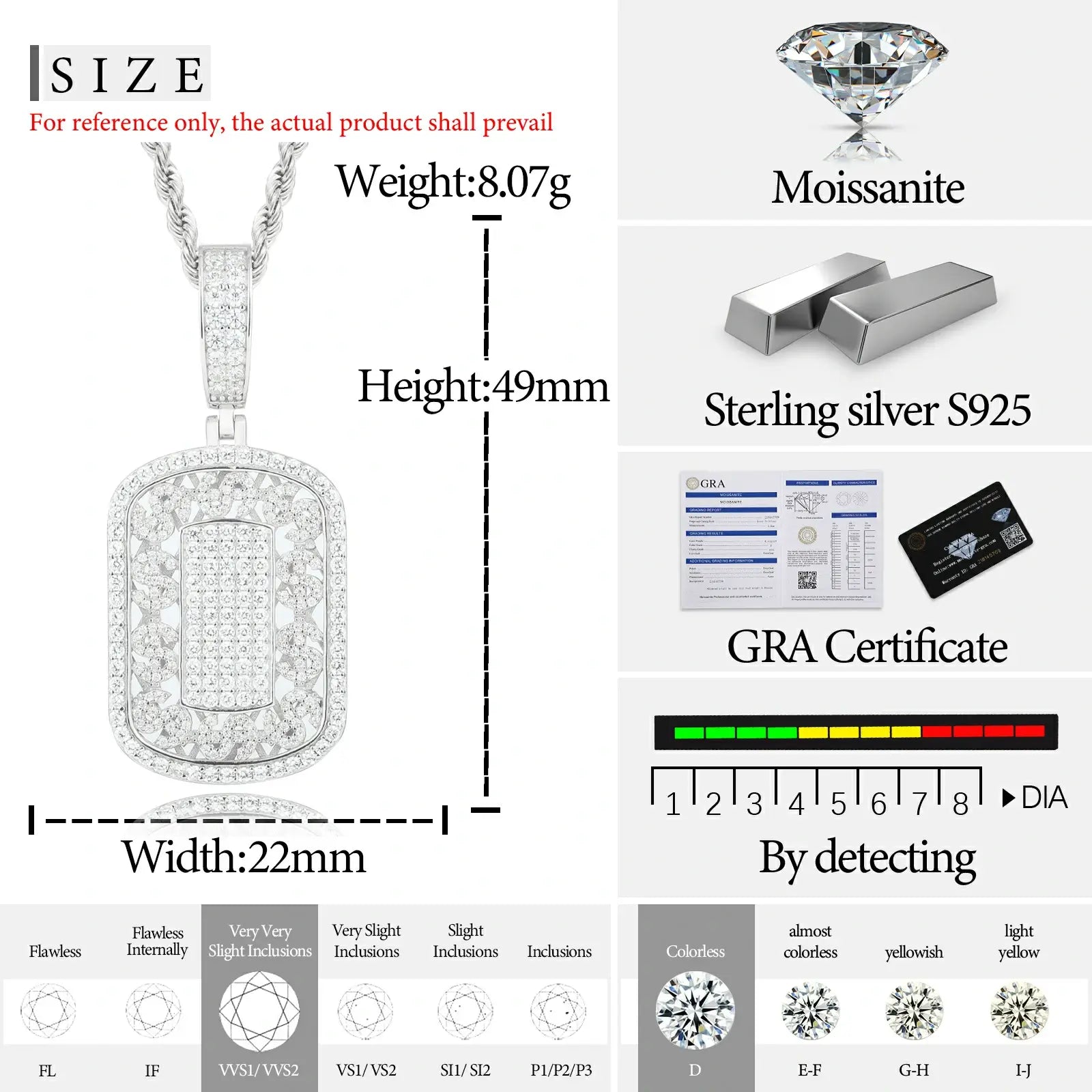 Size chart for white gold 925 sterling silver moissanite US dollar dog tag pendant — dimensions, weight, moissanite grade details
