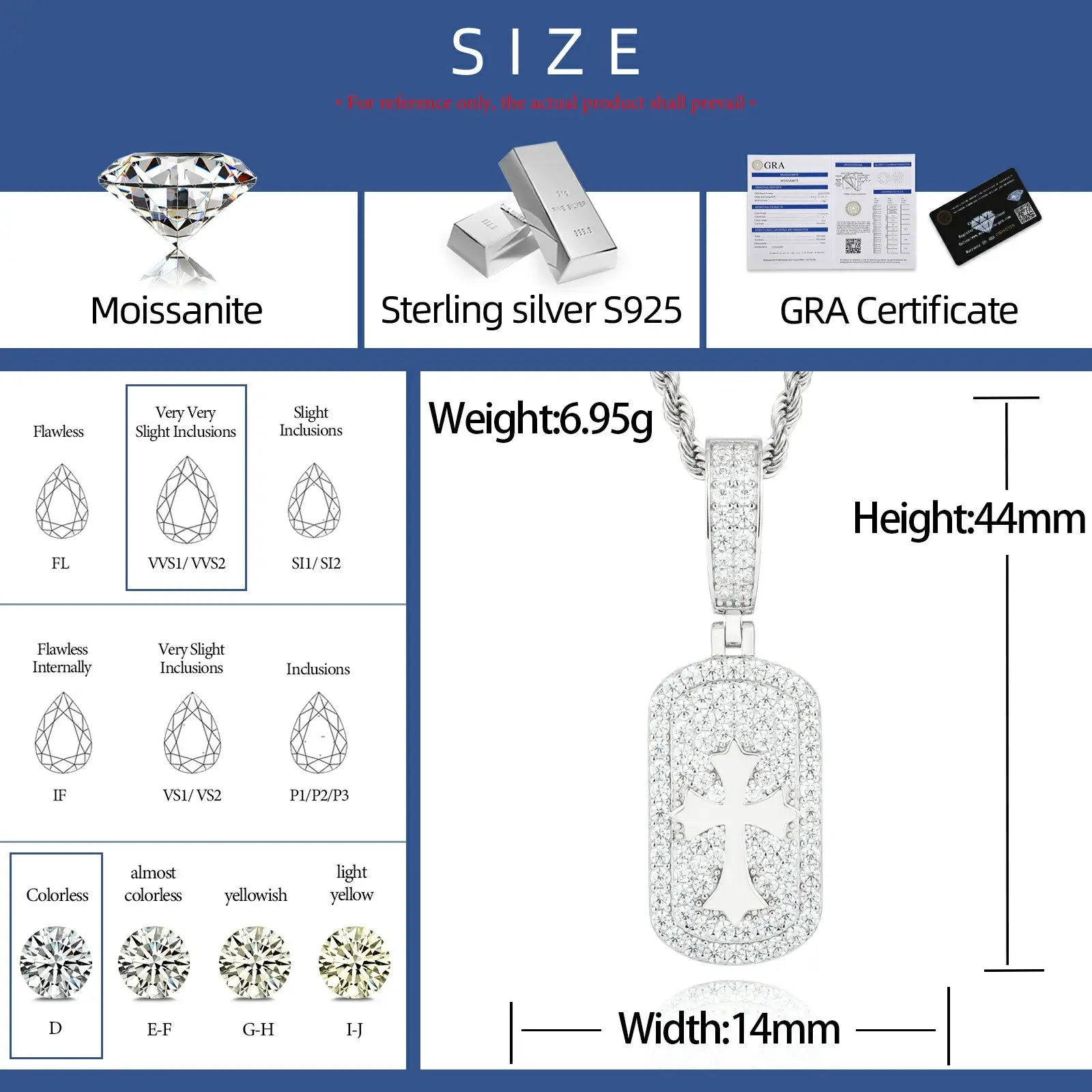 Size chart for white gold 925 sterling silver moissanite cross sign dog tag pendant — dimensions, weight, moissanite grade details