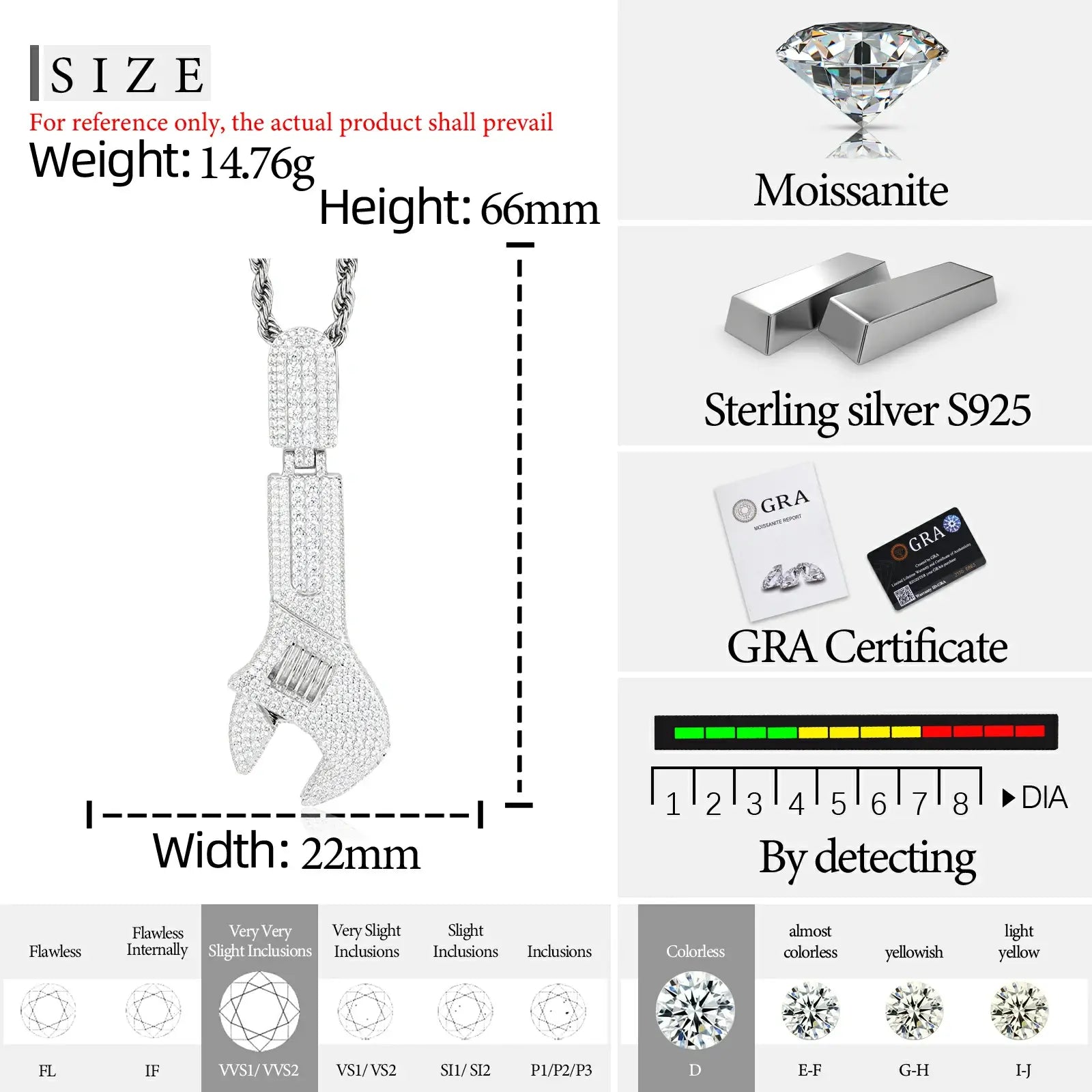 925 sterling silver moissanite wrench pendant size chart & material detail — dimensions, moissanite grade, 925 silver specs, GRA certification, industrial hip-hop jewelry