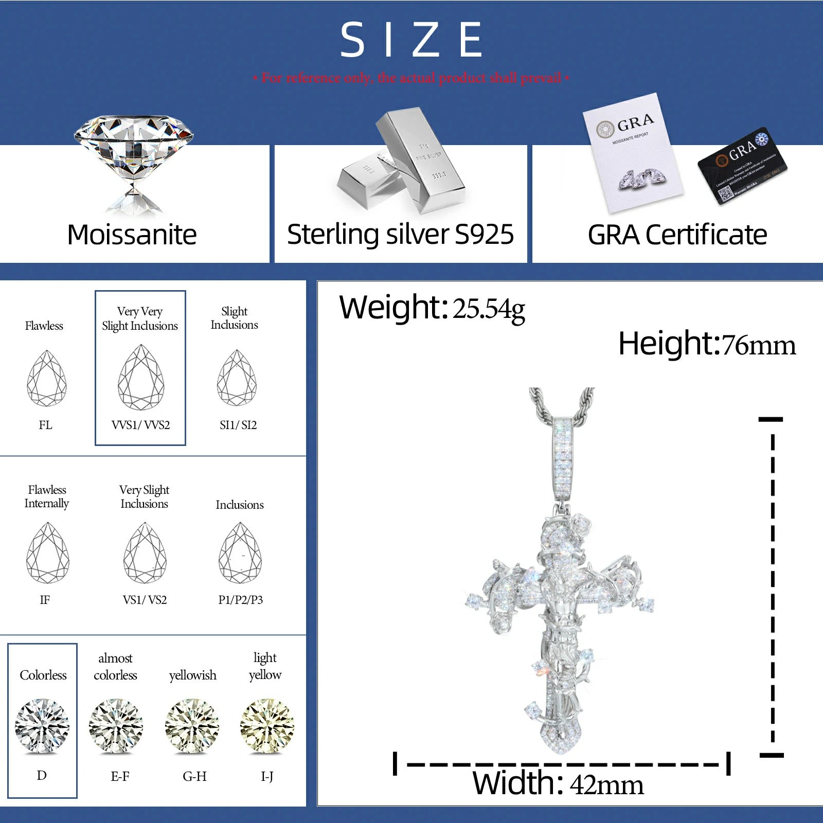 S925 Moissanite Thorny Rose Crucifix Pendant