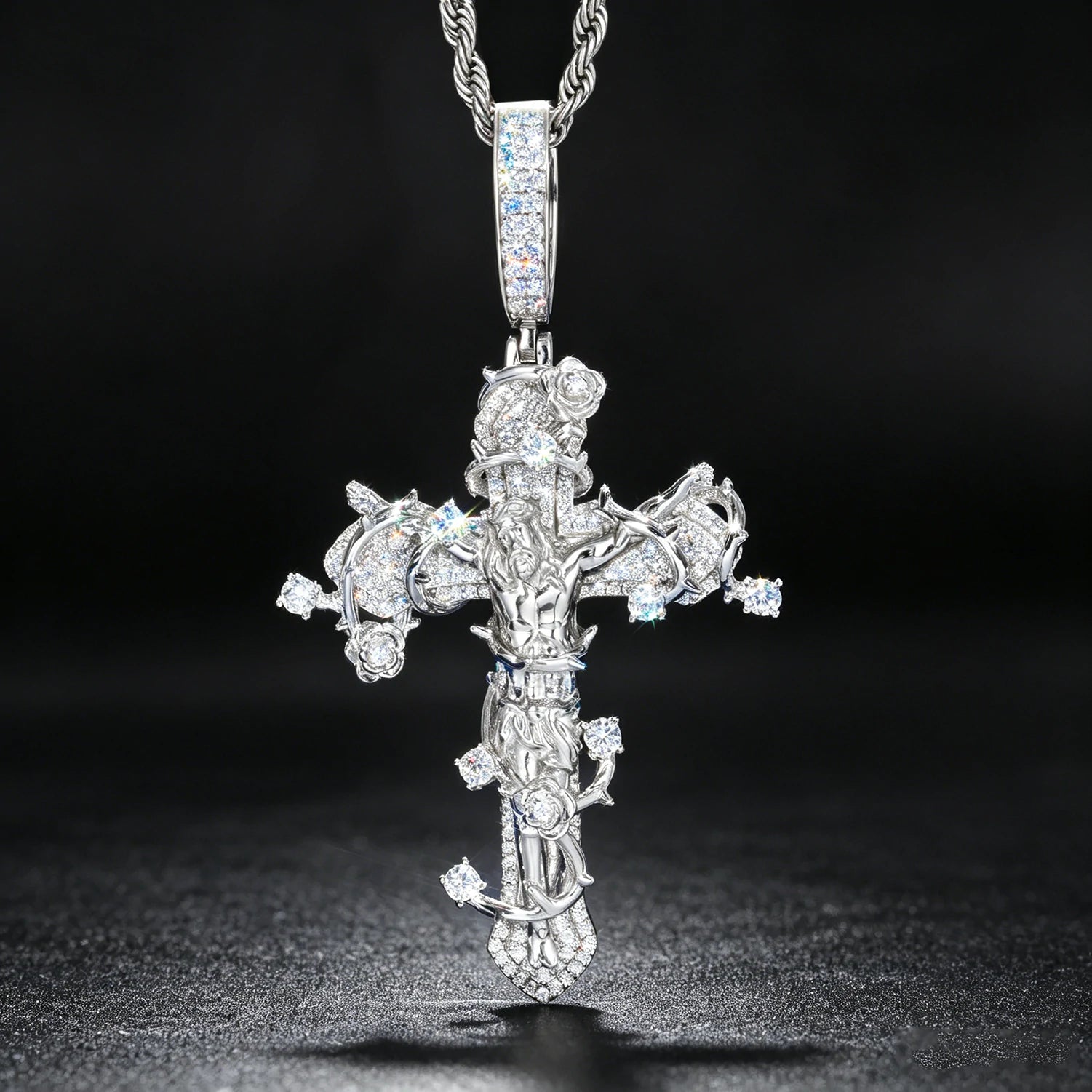 S925 Moissanite Thorny Rose Crucifix Pendant