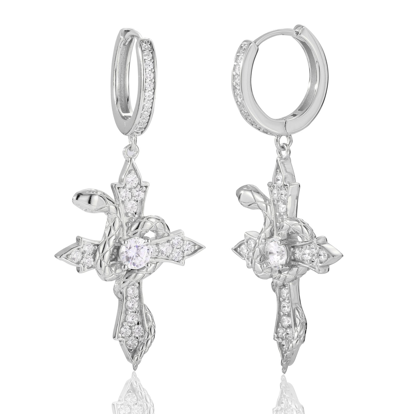 White gold snake cross earrings on white background, highlighting sleek design and moissanite sparkle for online shopping clarity.
