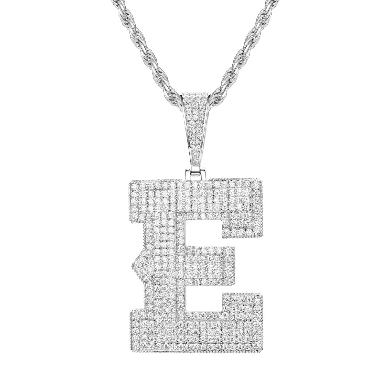 White gold E initial moissanite pendant on 925 sterling silver rope chain, white background — personalized bling jewelry
