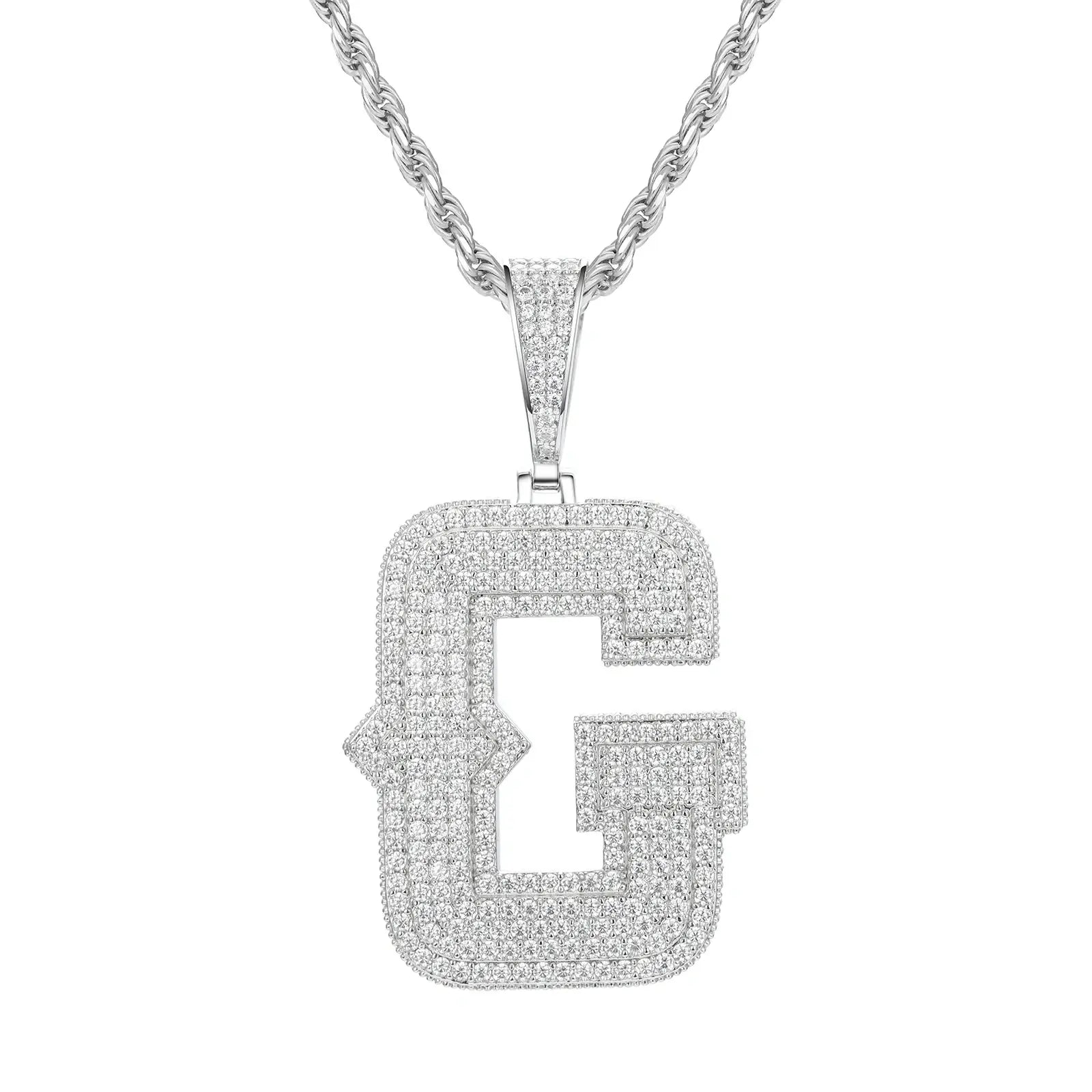 White gold G initial moissanite pendant on 925 sterling silver rope chain, white background — personalized bling jewelry
