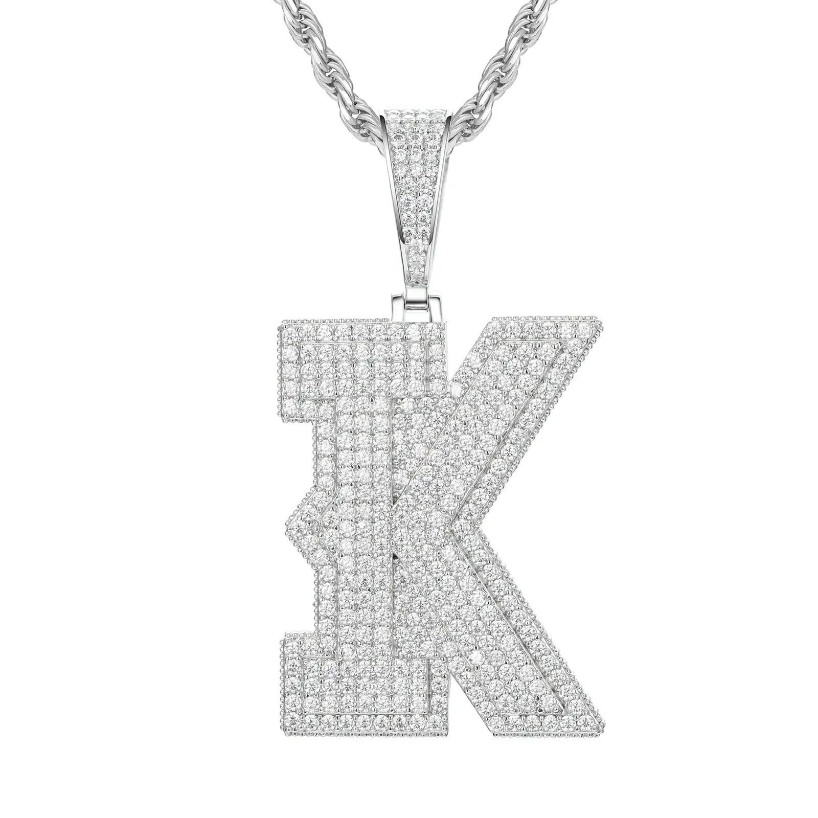 White gold K initial moissanite pendant on 925 sterling silver rope chain, white background — personalized bling jewelry
