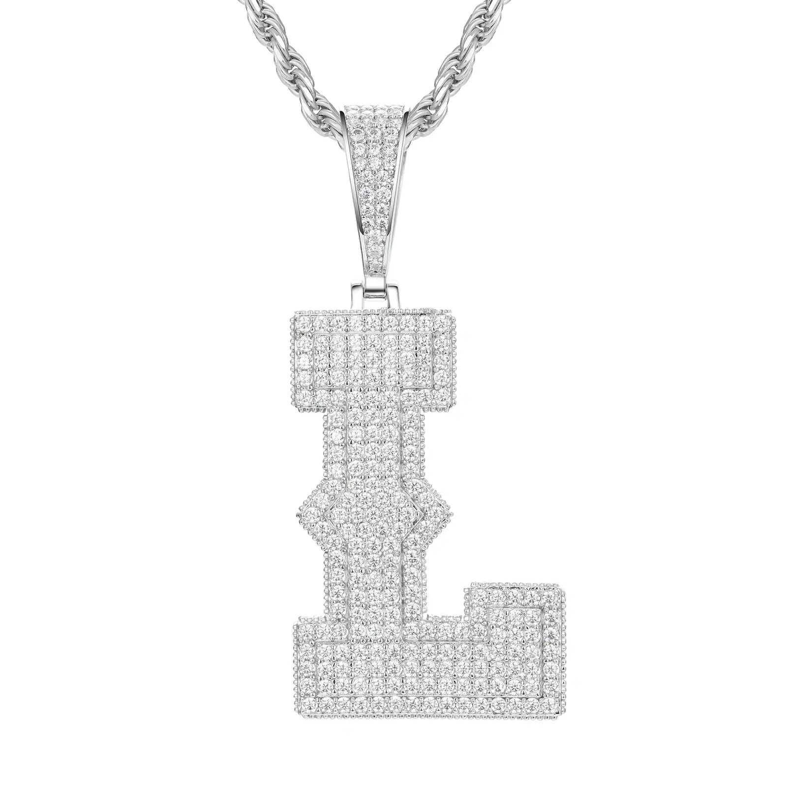 White gold L initial moissanite pendant on 925 sterling silver rope chain, white background — personalized bling jewelry

