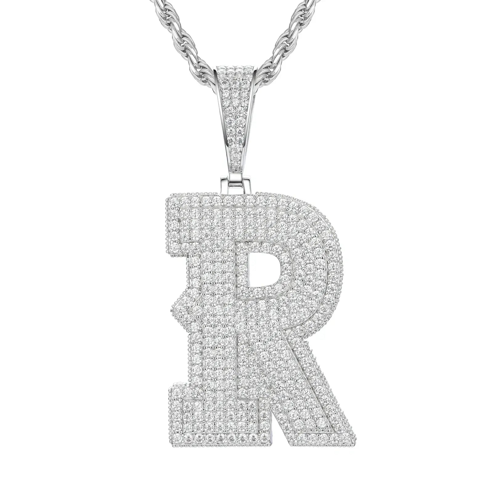 White gold R initial moissanite pendant on 925 sterling silver rope chain, white background — personalized bling jewelry
