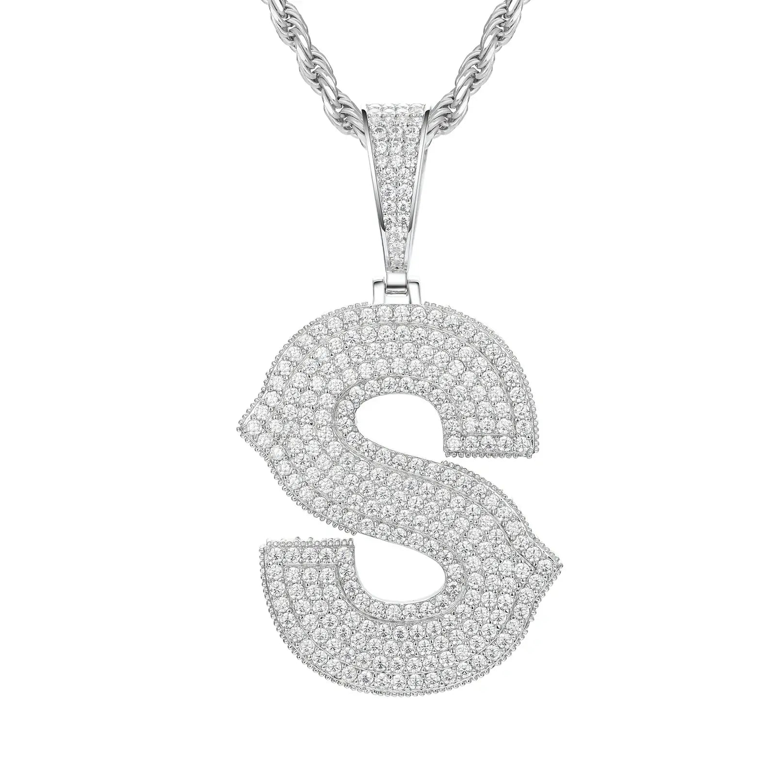 White gold S initial moissanite pendant on 925 sterling silver rope chain, white background — personalized bling jewelry

