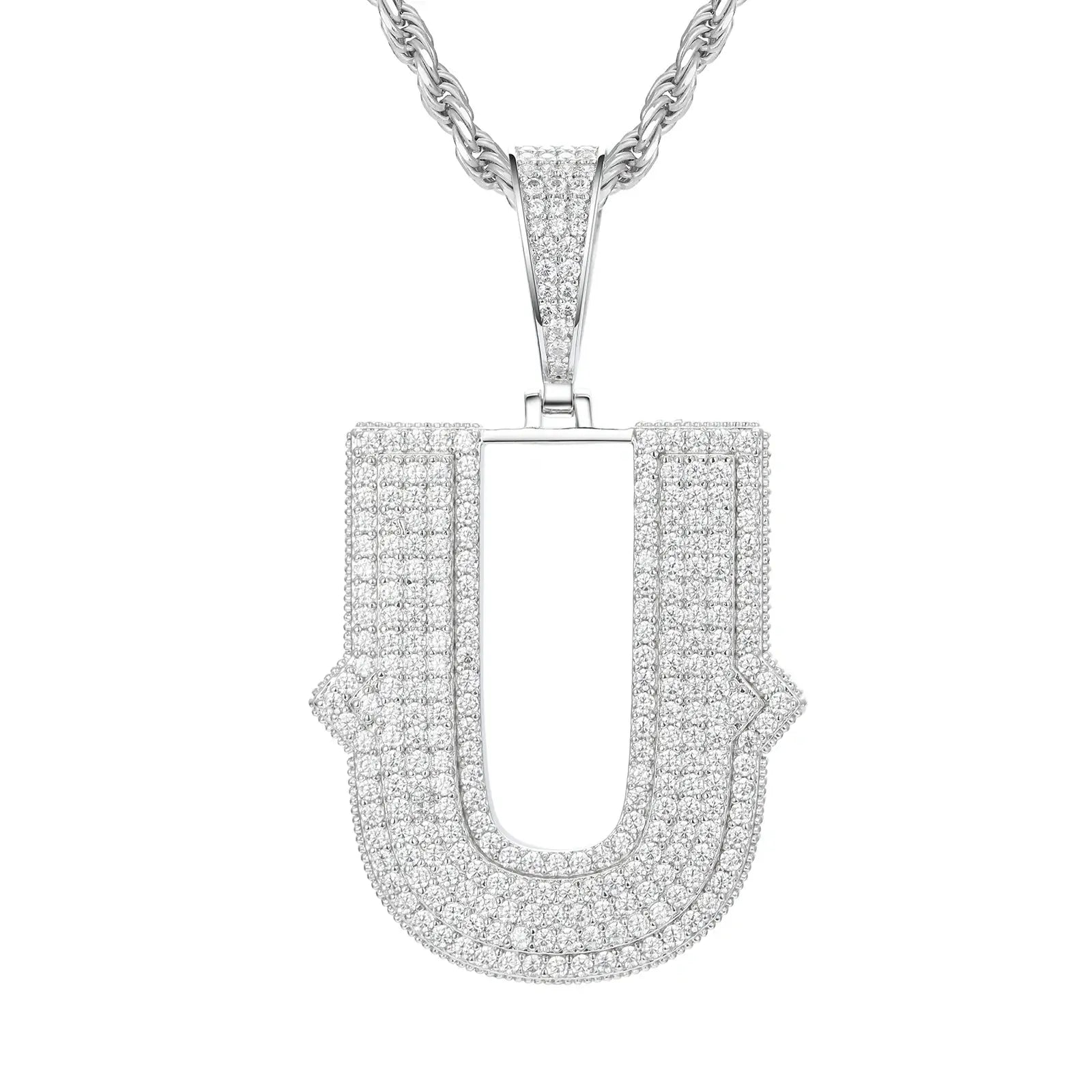 White gold U initial moissanite pendant on 925 sterling silver rope chain, white background — personalized bling jewelry
