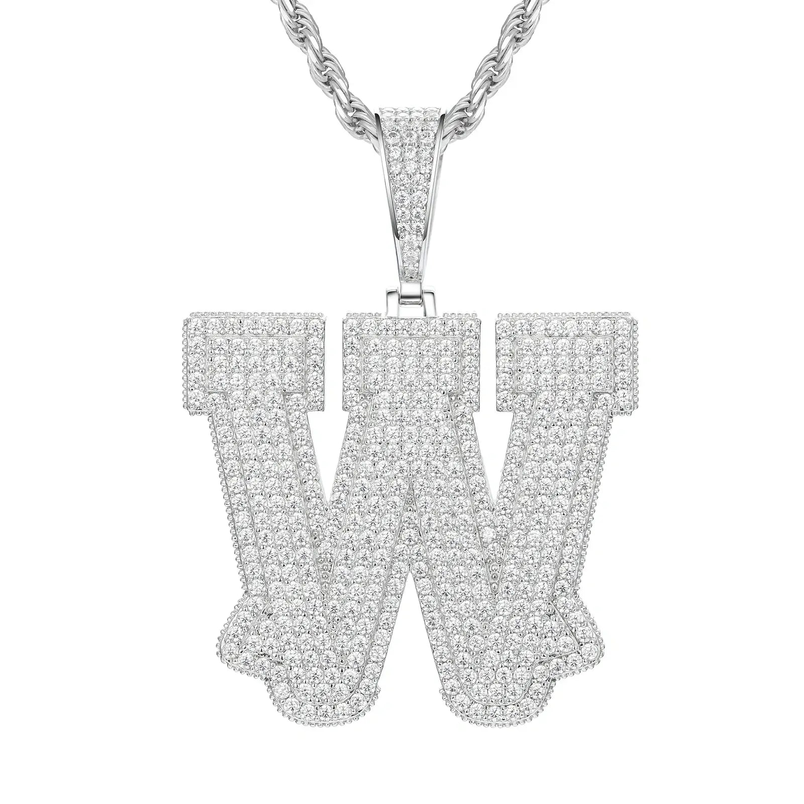 White gold W initial moissanite pendant on 925 sterling silver rope chain, white background — personalized bling jewelry
