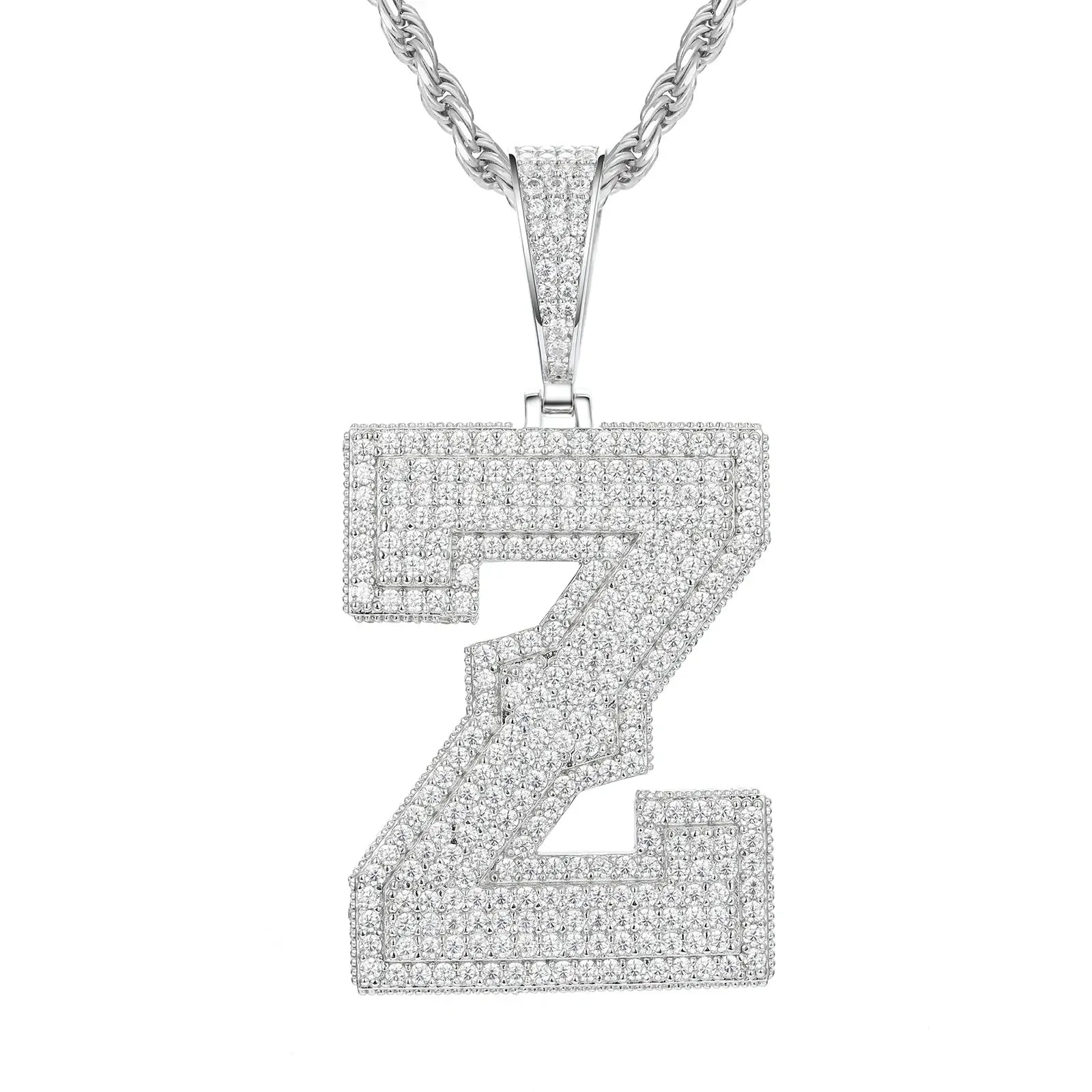 White gold Z initial moissanite pendant on 925 sterling silver rope chain, white background — personalized bling jewelry
