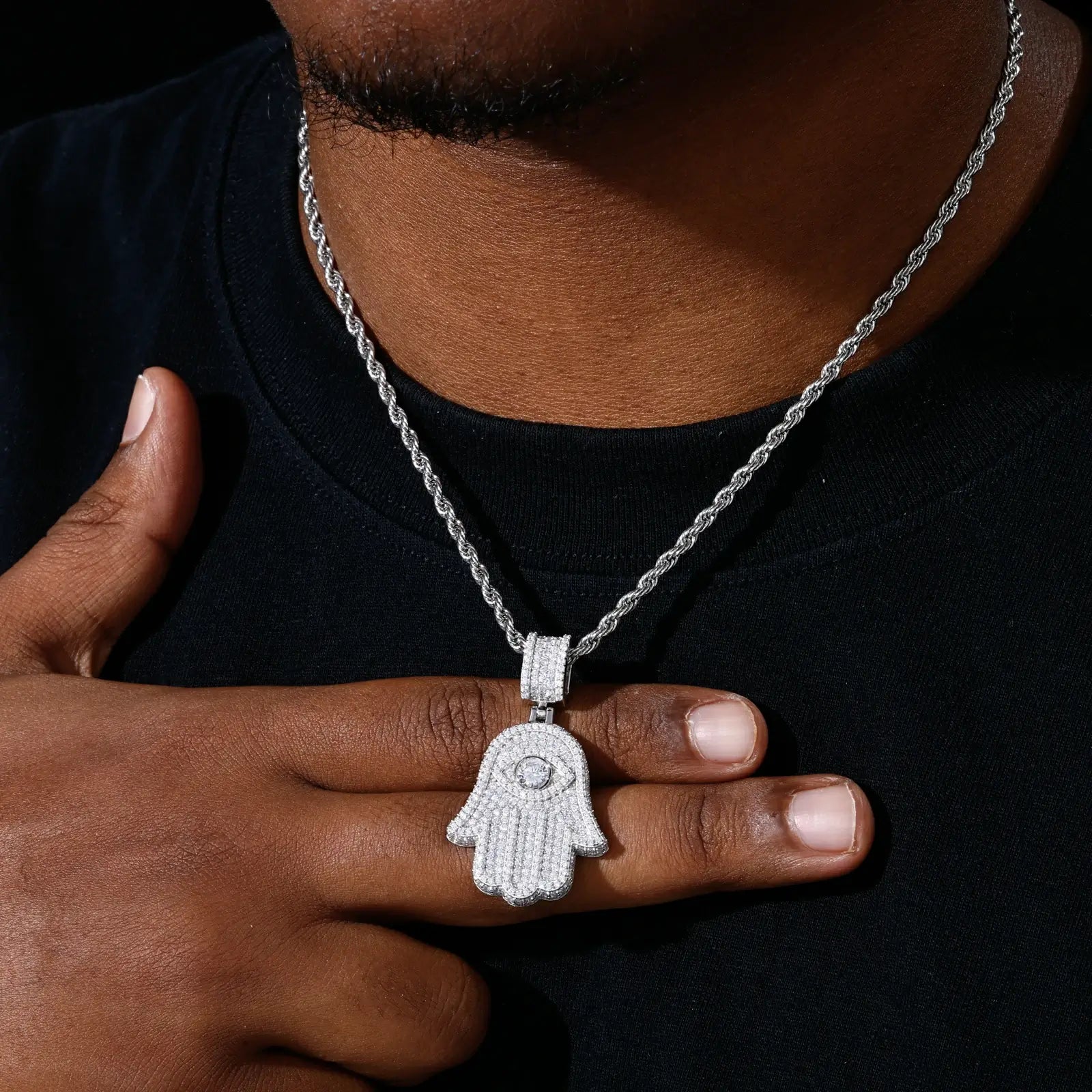 S925 Moissanite Evil Eye Hamsa Hand Pendant