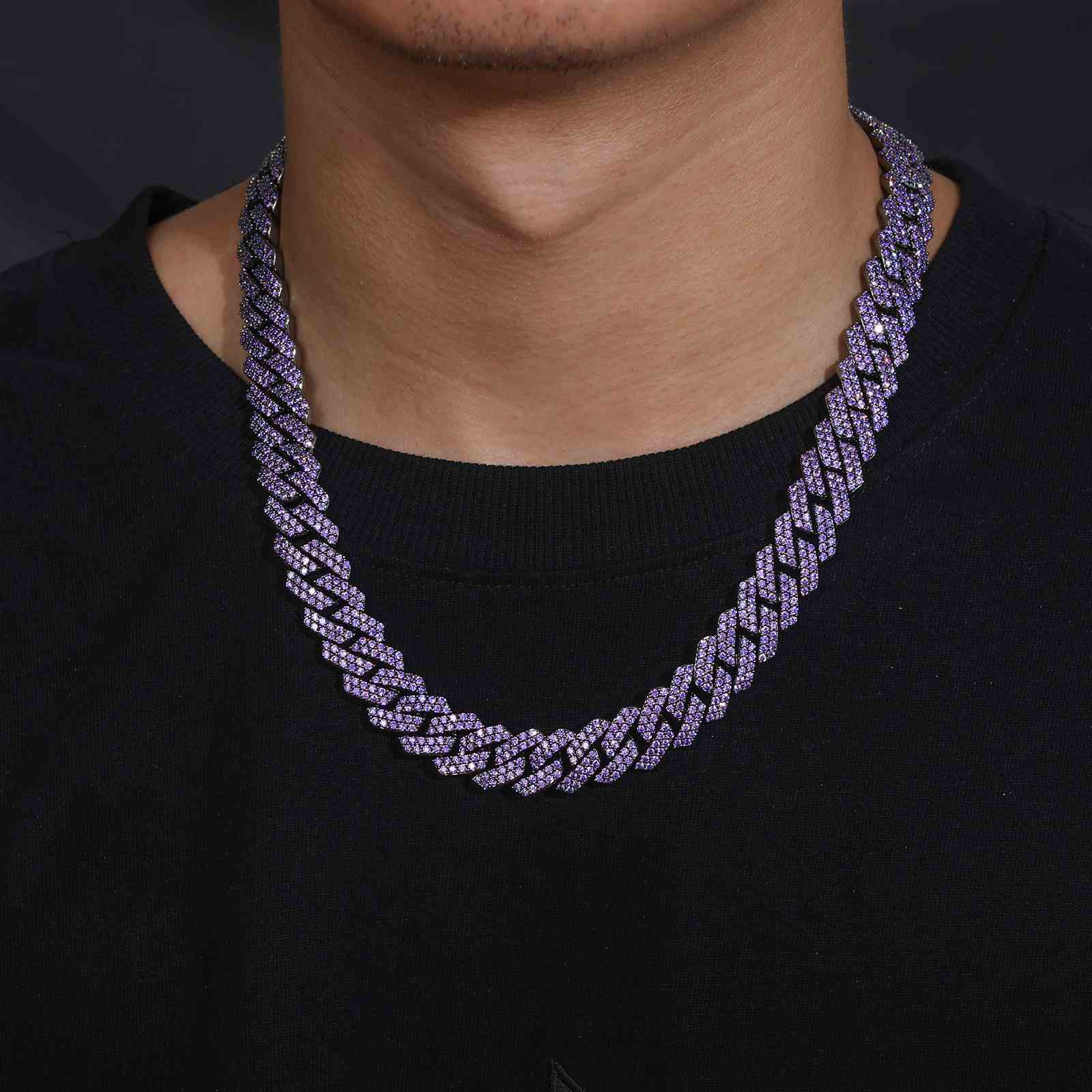 14mm 2 Rows Purple Diamond Cuban Link Chain