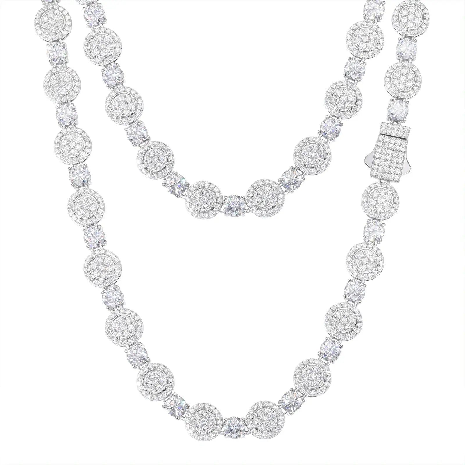 9mm white gold moissanite coin pendant on white background - 925 sterling silver tennis chain with brilliant alternative diamonds