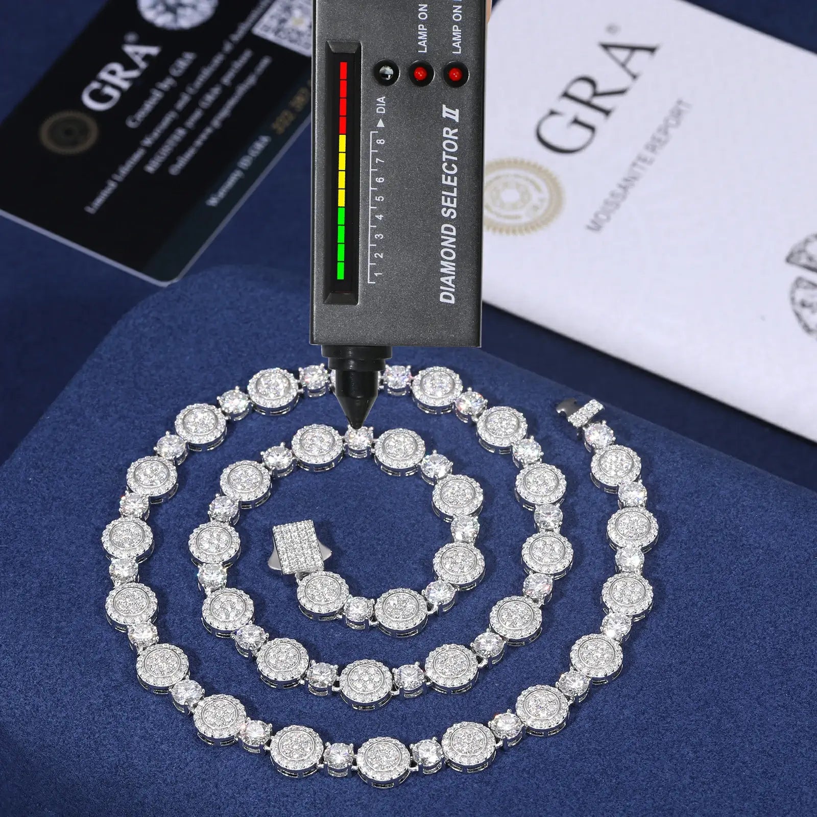 Diamond tester verification with GRA certificate for 9mm moissanite coin tennis chain - authentic stone quality and brilliance certification
