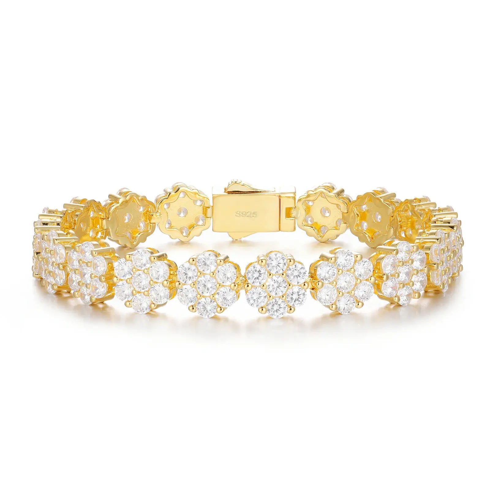 Hypoallergenic certification visible: 9mm yellow gold S925 flower bracelet - 50μm gold plating prevents oxidation and nickel exposure